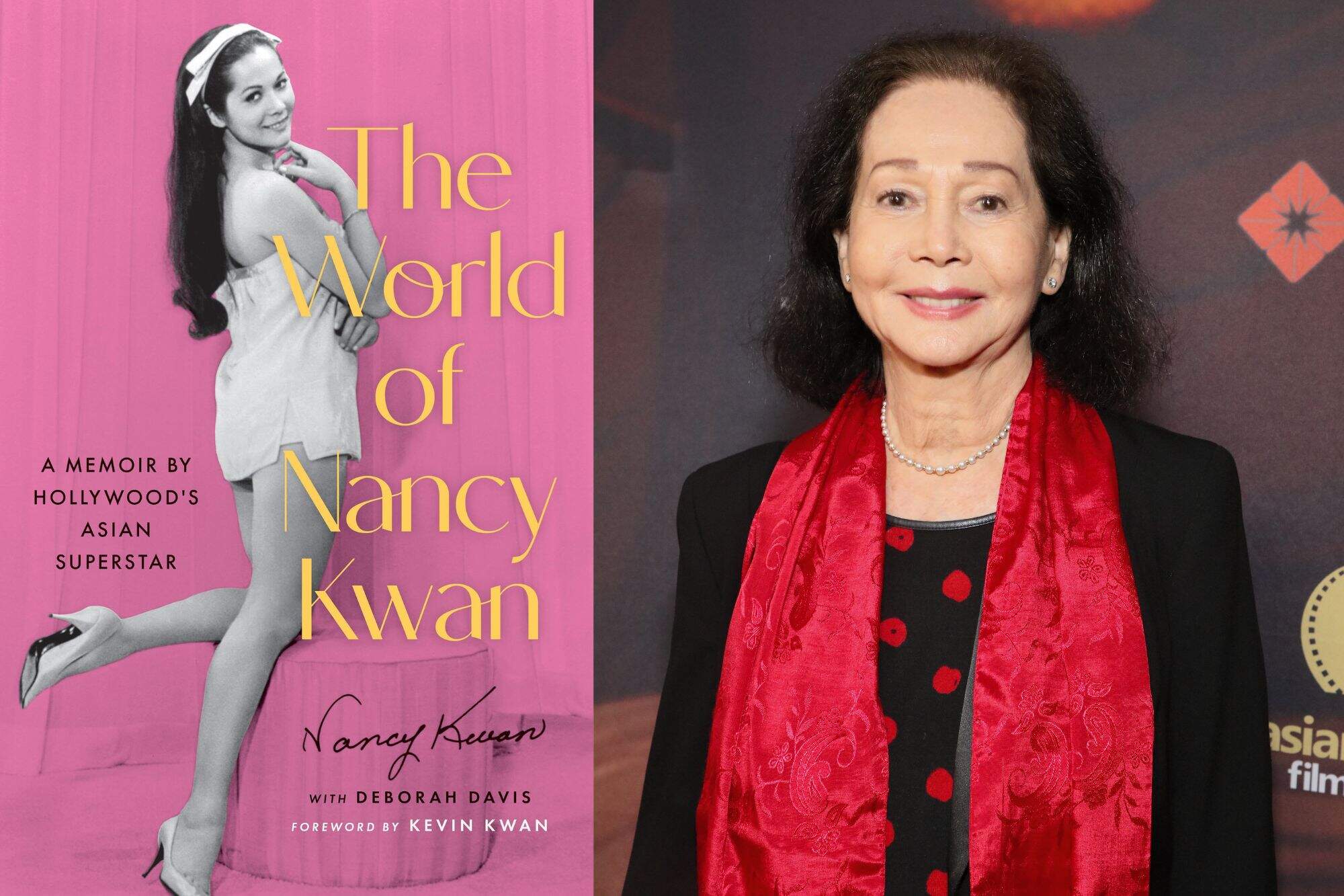 The cover of "The World of Nancy Kwan" and author Nancy Kwan. (Courtesy of Legacy Lit, an imprint of Grand Central Publishing and Robin L. Marshall/Getty Images)