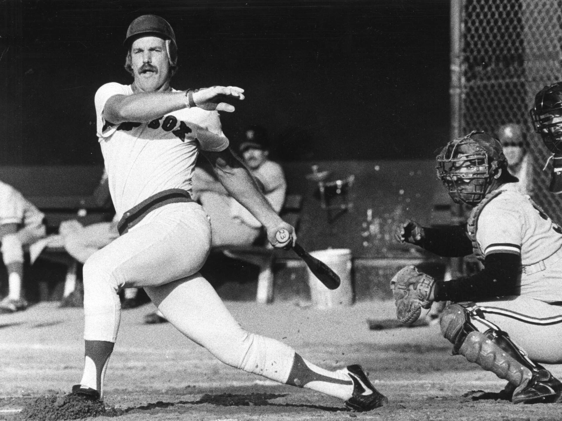 Pawtucket Red Sox Dave Koza hits a single to drive in the game-winning run during the historic 33-inning game against the Rochester Red Wings on June 23, 1981. (Frank O'Brien/The Boston Globe via Getty Images)