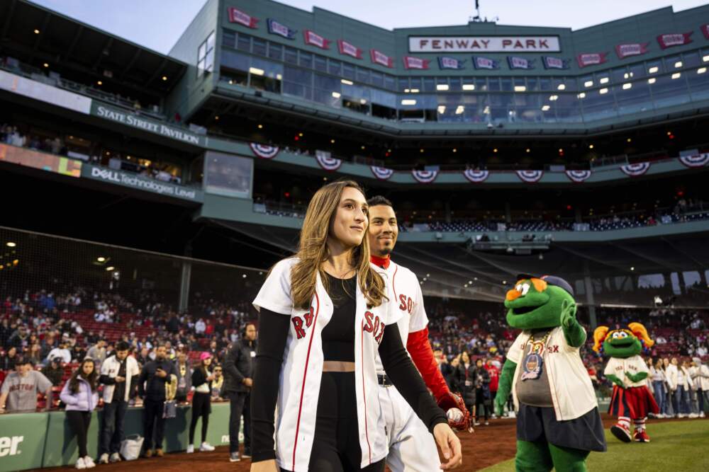 NCAA 2022 Woman of the Year Karenna Groff is introduced before throwing out a ceremonial first pitch in recognition of Women's Appreciation Night before a game at Fenway Park on April 3, 2023. (Billie Weiss/Boston Red Sox via Getty Images)