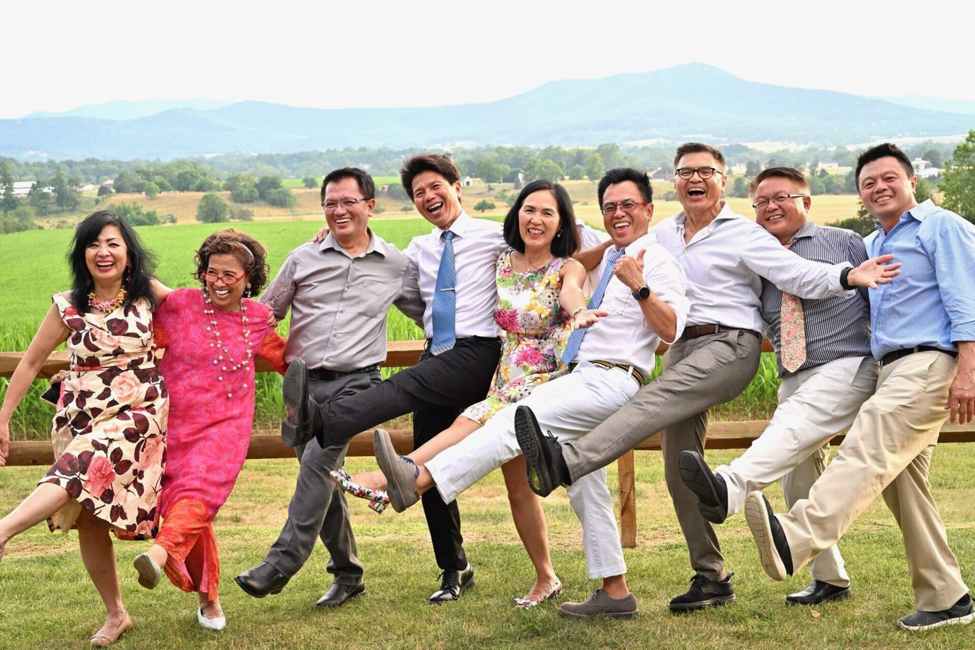All nine Truong Le siblings in Virginia in 2024, in left-to-right order from eldest to youngest: Van Lan Truong, Thuy Truong, Thai Le, Quoc Truong, Mary Ngoc Truong, Toan Le, Vu Truong, Van Le, Phuc Truong. (Courtesy of Mary Ngoc Truong)