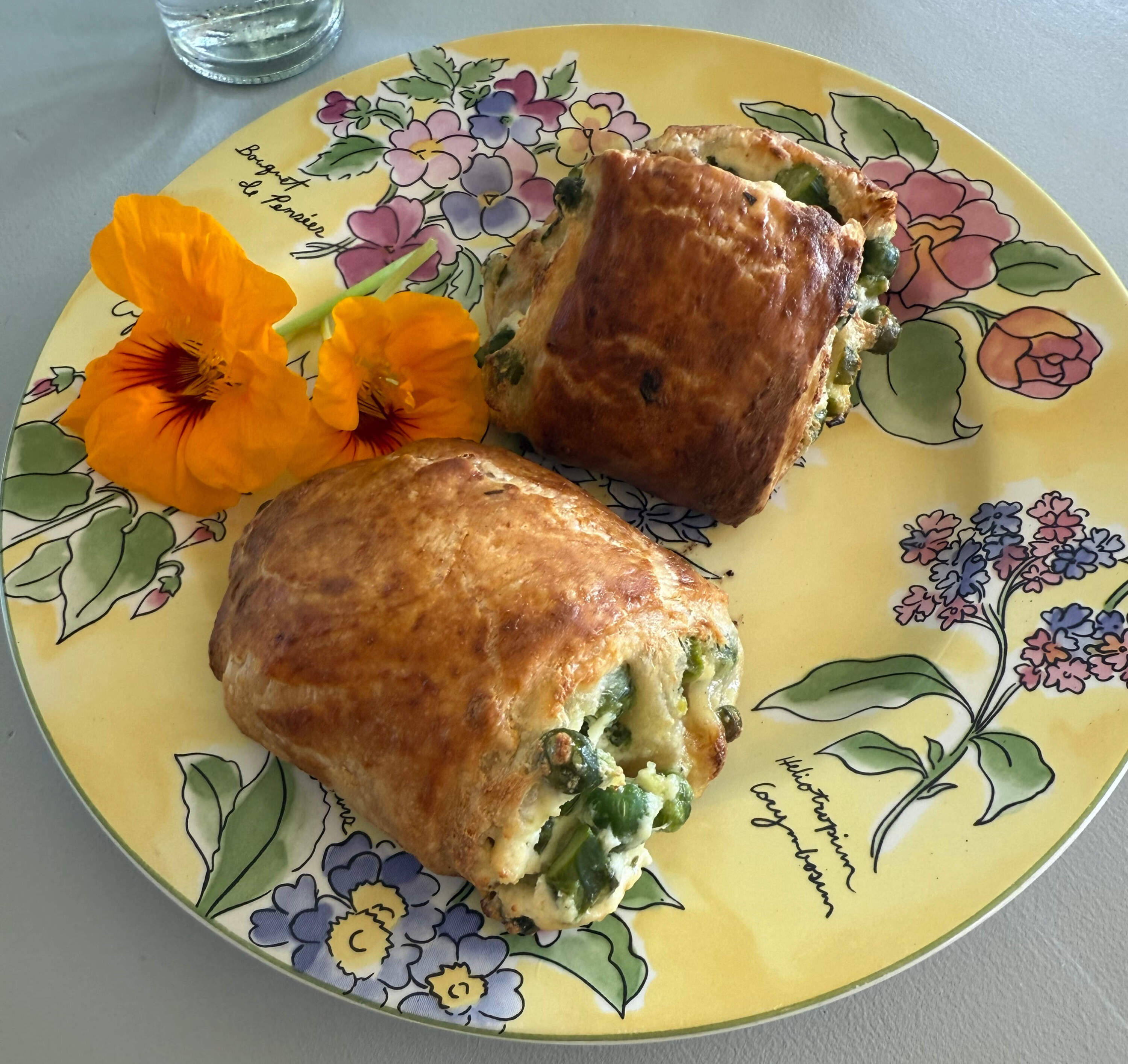 Viola Butoni’s Italian spring pockets with peas, asparagus and ricotta. (Kathy Gunst/Here & Now)