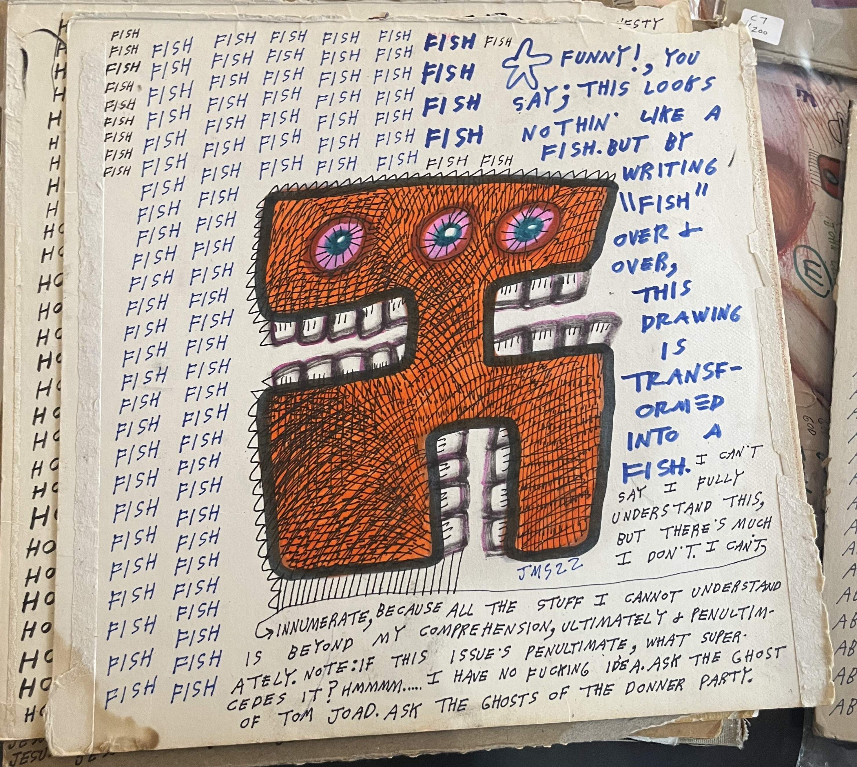 A drawing from Jon Sarkin's series "Is it still a fish?" (Amelia Mason/WBUR)