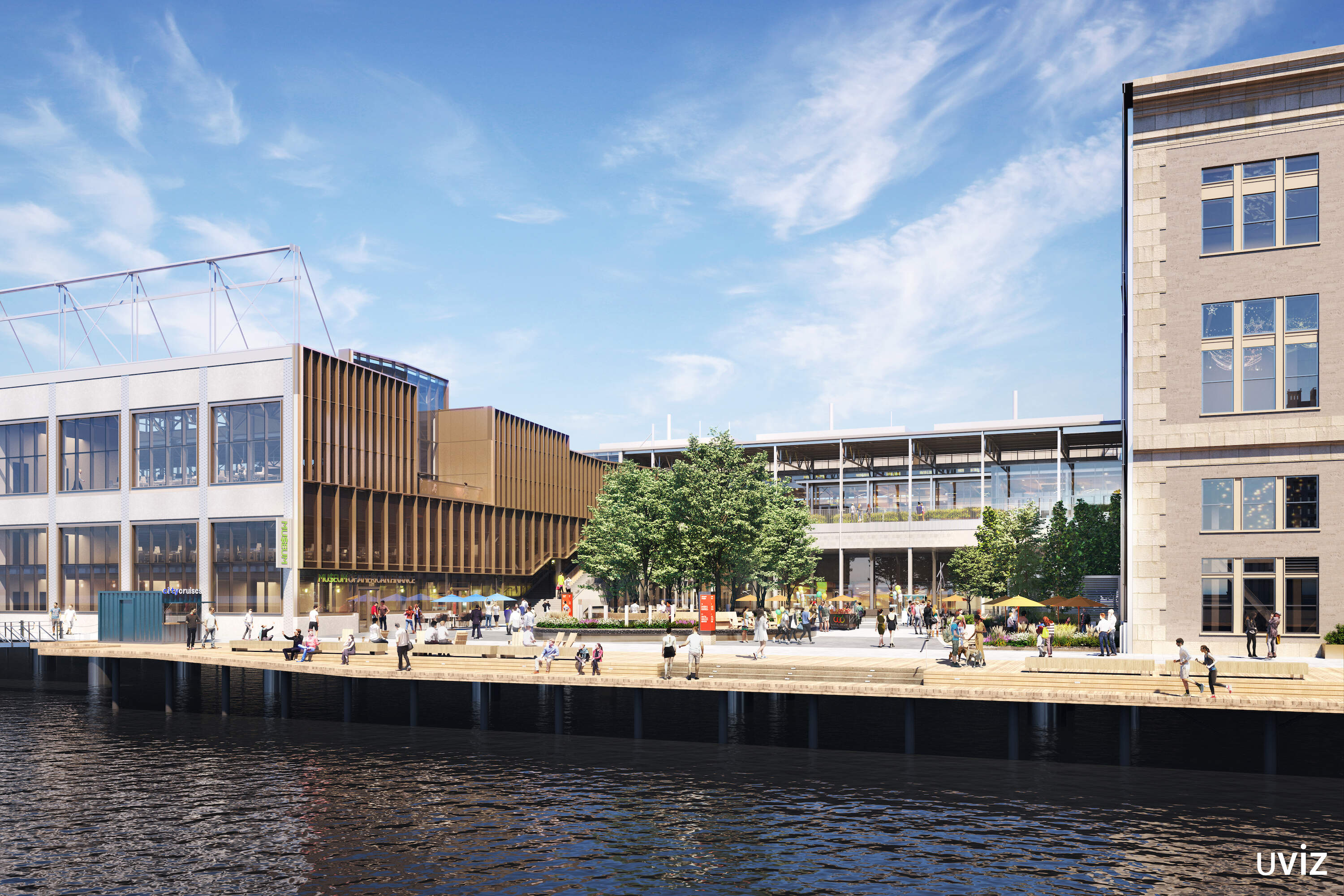 A rendering of the exterior of the Museum of American Finance’s upcoming home at Commonwealth Pier in the Boston's Seaport, scheduled to open in July 2026.