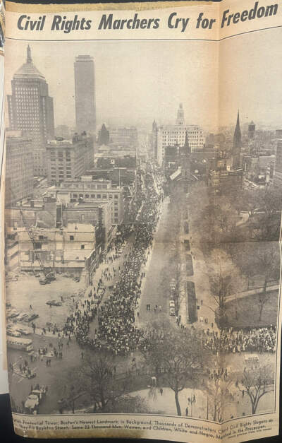 An overhead view of the Freedom March and Rally. This was printed in the Record American on April 24, 1965 (Courtesy Northeastern University Archives via Arielle Gray/WBUR)
