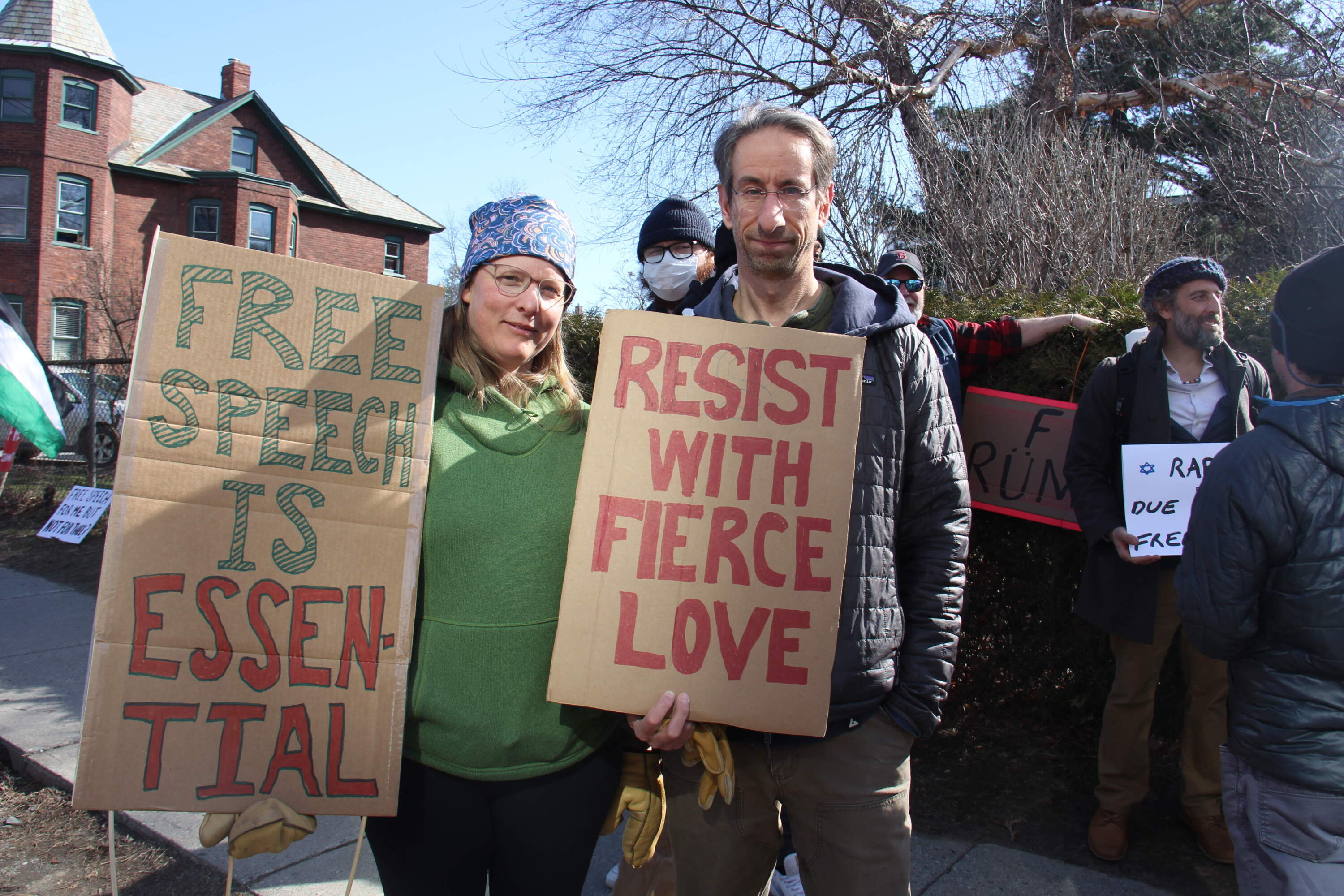 Sarah Goodrich and Eric Becker of St. George, Vermont outside the courthouse on Monday. (Lexi Krupp/Vermont Public)