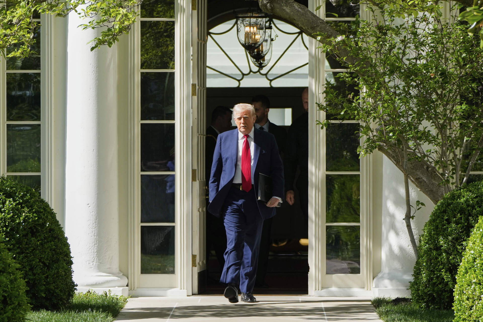 President Donald Trump at South Lawn of the White House on Monday, April 28. (Mark Schiefelbein/AP)