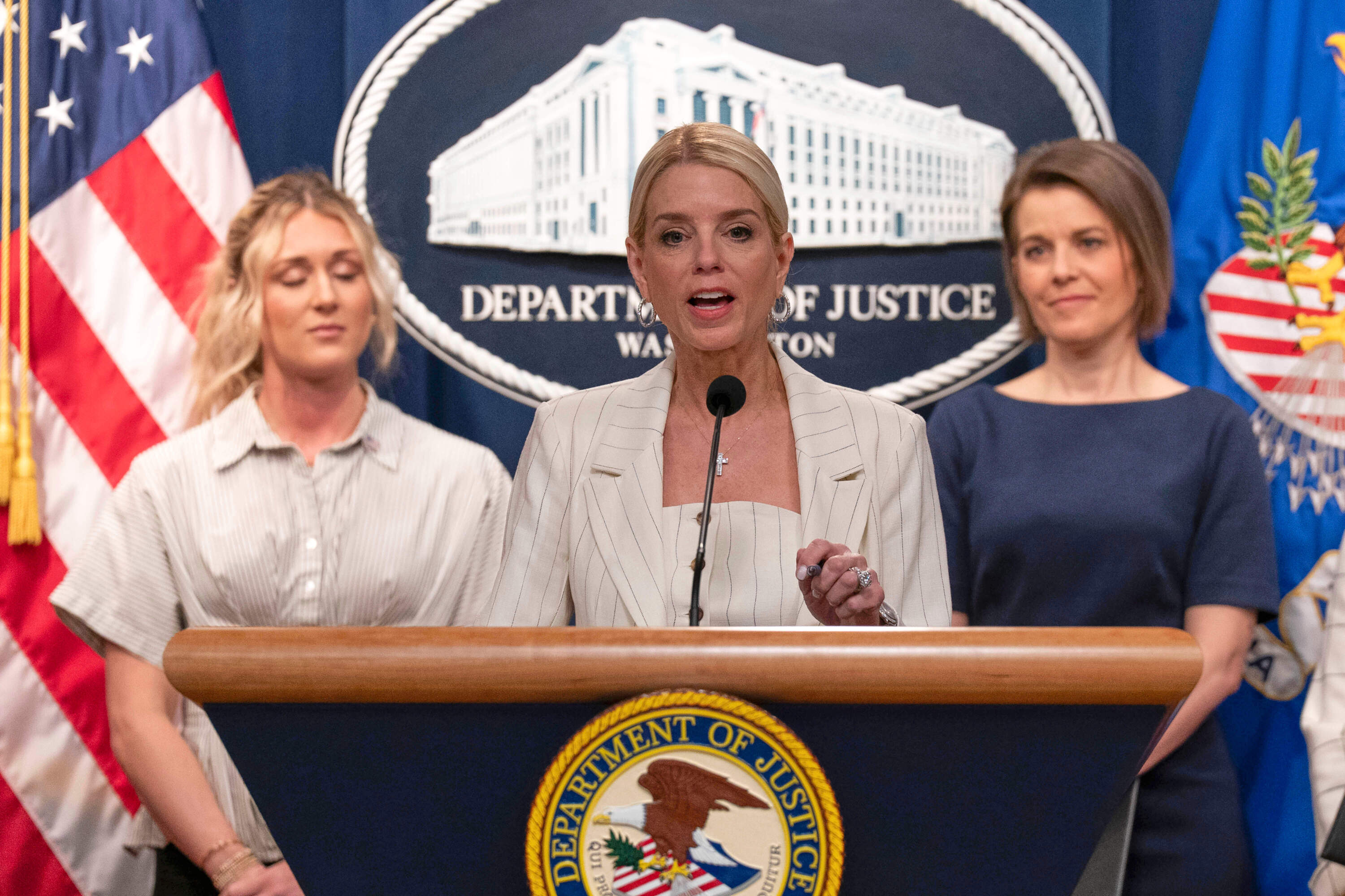 Attorney General Pam Bondi speaks during a news conference announcing a lawsuit against the state of Maine at the Department of Justice headquarters in Washington, Wednesday, April 16, 2025. (Jose Luis Magana/AP)