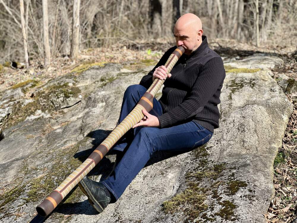Eric Shimelonis plays the didgeridoo which researchers have suggested may be the oldest musical instrument in the world! (image courtesy of Rebecca Sheir)