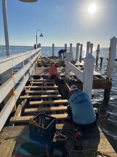 A dock being rebuilt after Hurricane Ian, on Captiva Island, Florida, 2022. 