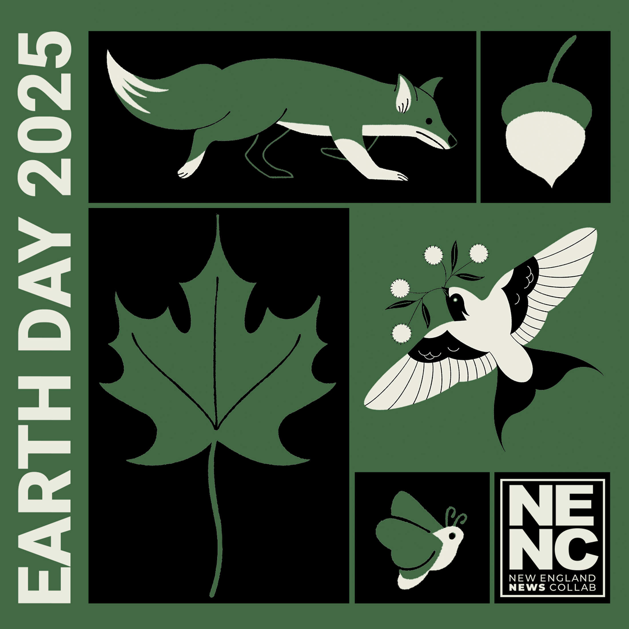 NENC logo for Earth Day coverage, with small animals and plants in black, white and green. Animals include a fox, a butterfly and a bird.