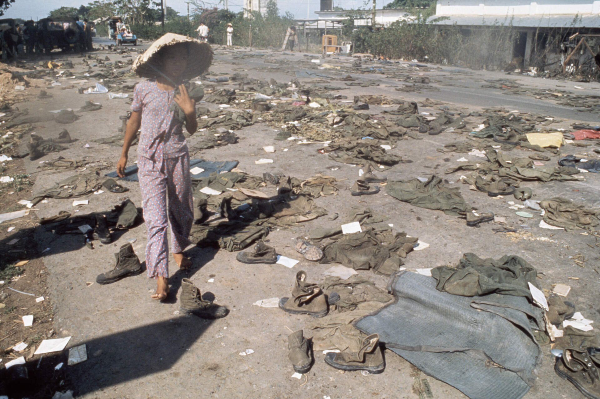 Abandoned uniforms of South Vietnamese soldiers lie on the road after the invasion of North Communist troops that led to the Fall of Saigon. (Jacques Pavlovsky/Sygma/CORBIS/Sygma via Getty Images)