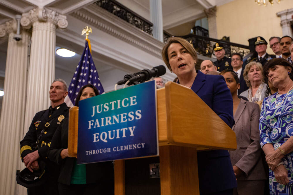 In this 2024 file photo, Gov. Maura Healey announces at the State House that she is taking executive action to pardon misdemeanor marijuana possession convictions in Massachusetts. (Jesse Costa/WBUR)