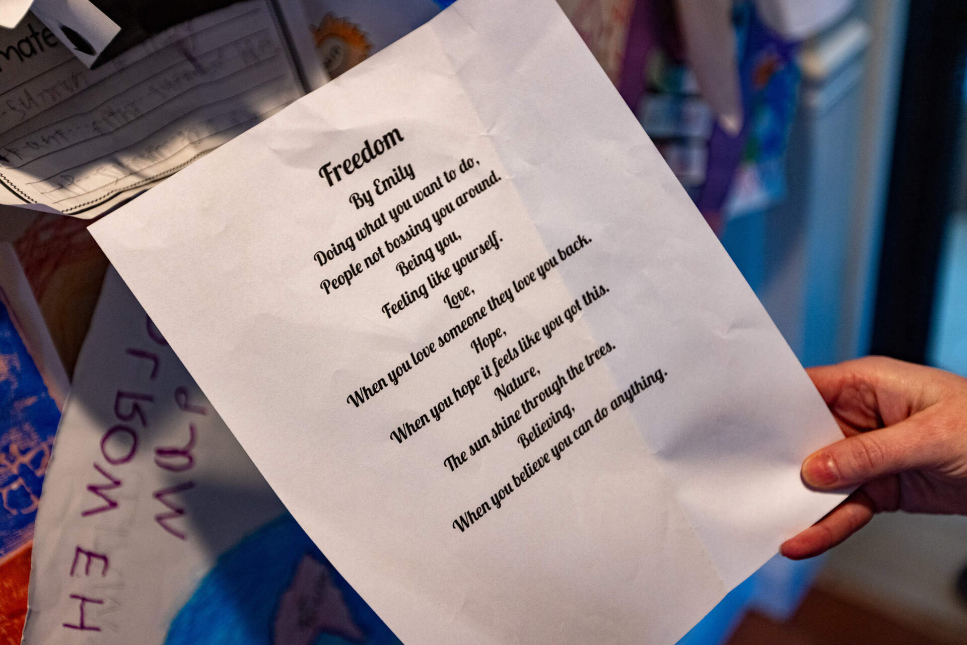 A poem titled "Freedom," written by Emily at school. (Jesse Costa/WBUR)