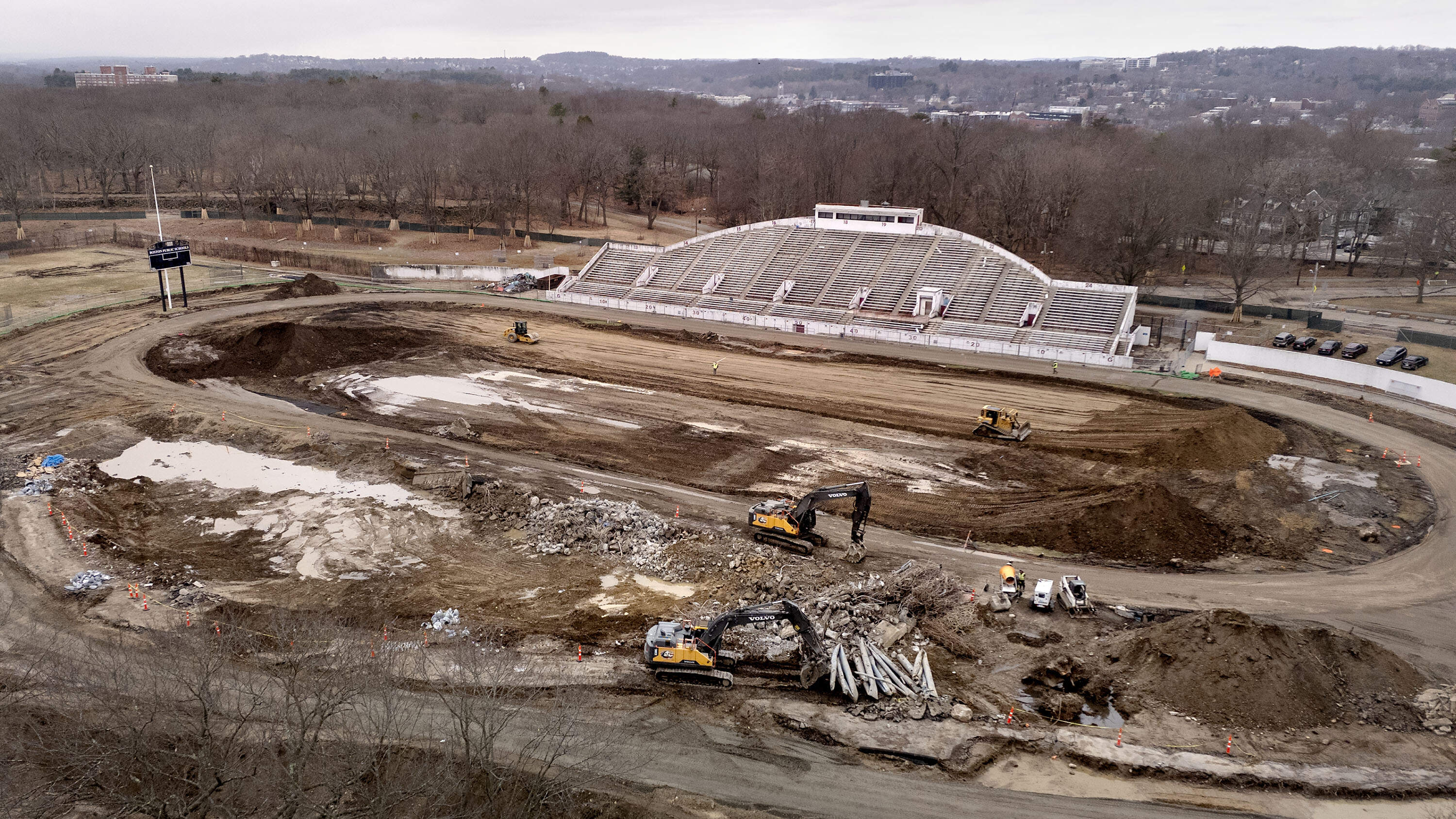 Demolition work in progress at White Stadium in Franklin Park in March. (Robin Lubbock/WBUR)