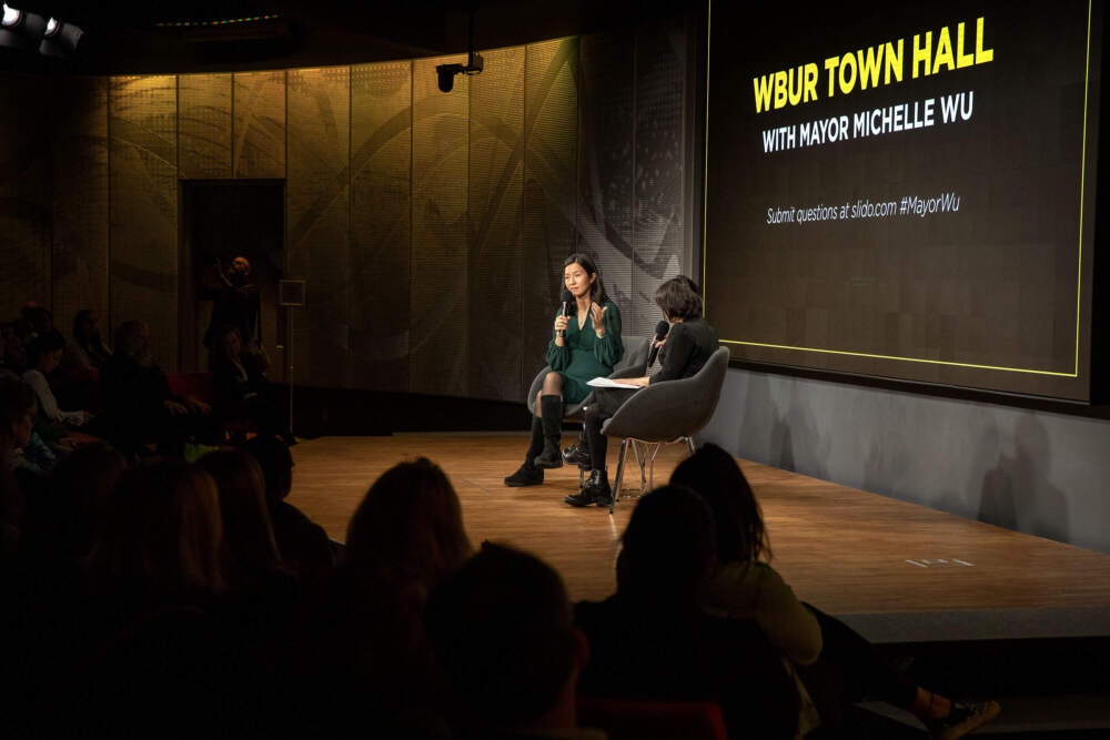 Boston Mayor Michelle Wu talks at WBUR's CitySpace in March 2024. (Robin Lubbock/WBUR)