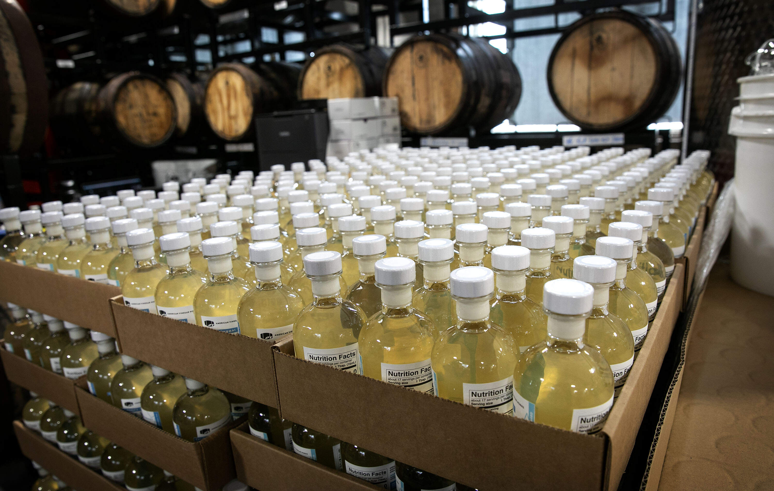 Vinegar bottles at American Vinegar Works in Worcester. (Robin Lubbock/WBUR)