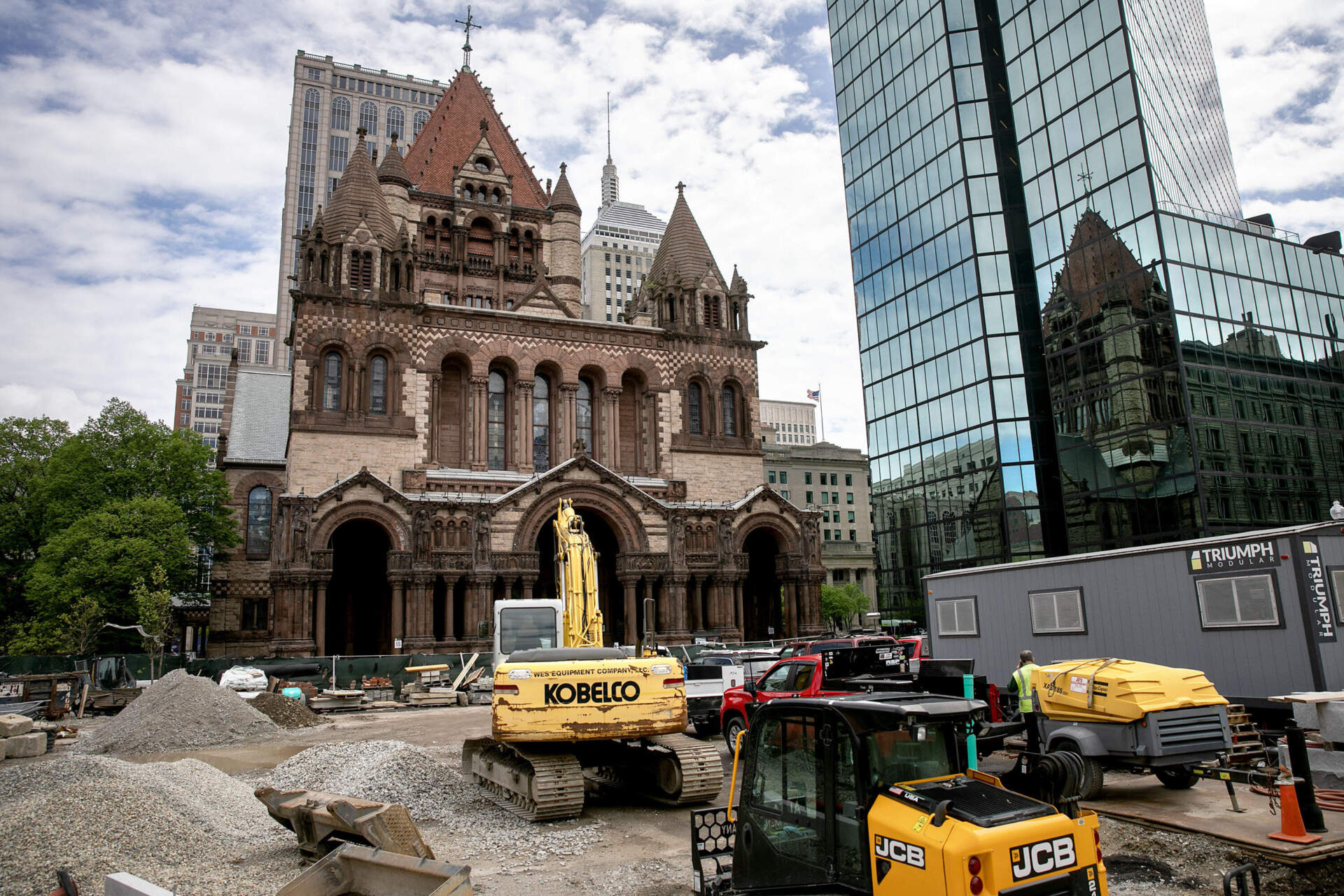 The fountain and lawn area of the new Copley Square Park are due to open later in 2025. (Robin Lubbock/WBUR)
