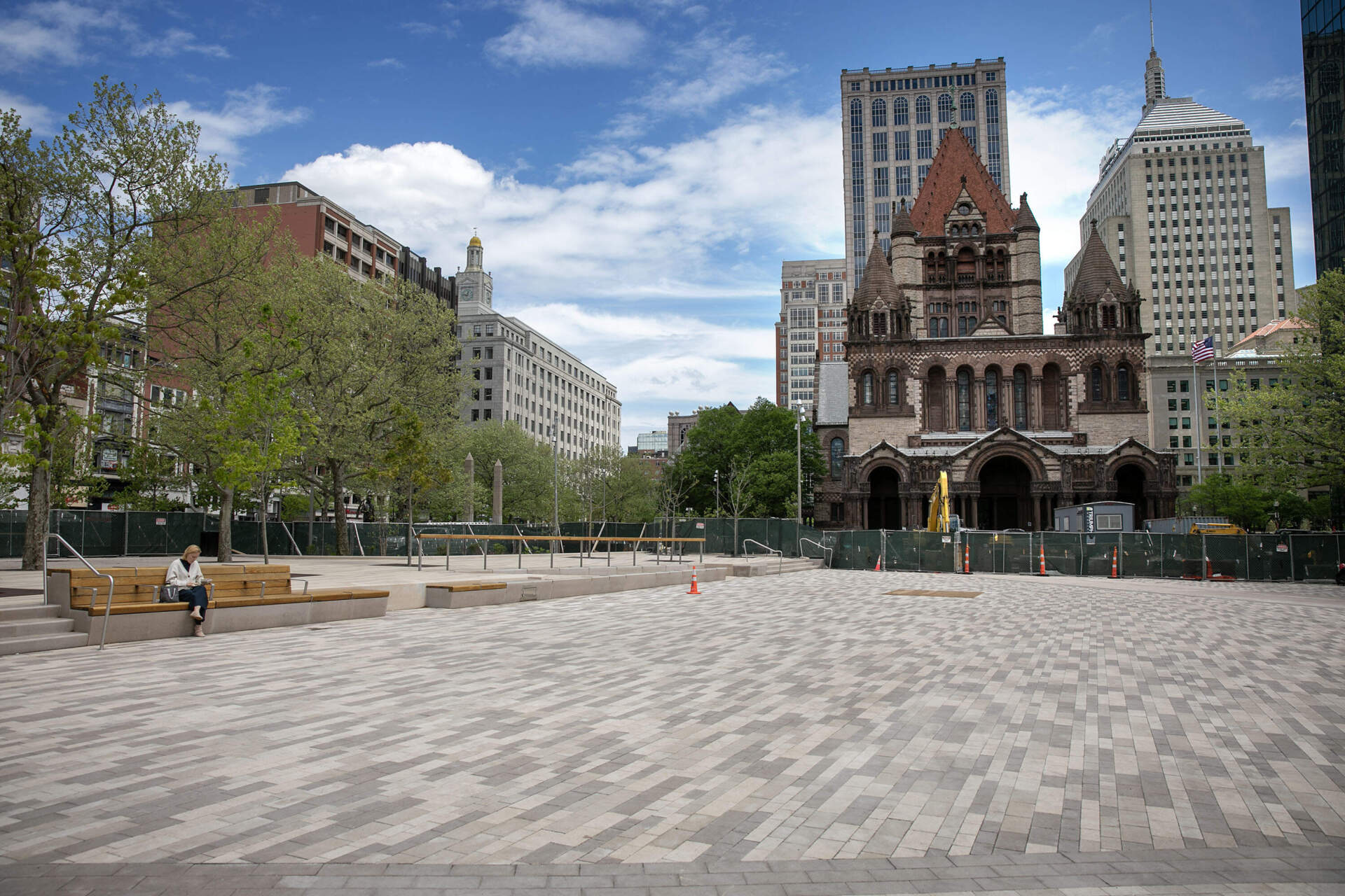 Concrete pavers and benches are part of the renovation of Copley Square Park. (Robin Lubbock/WBUR)