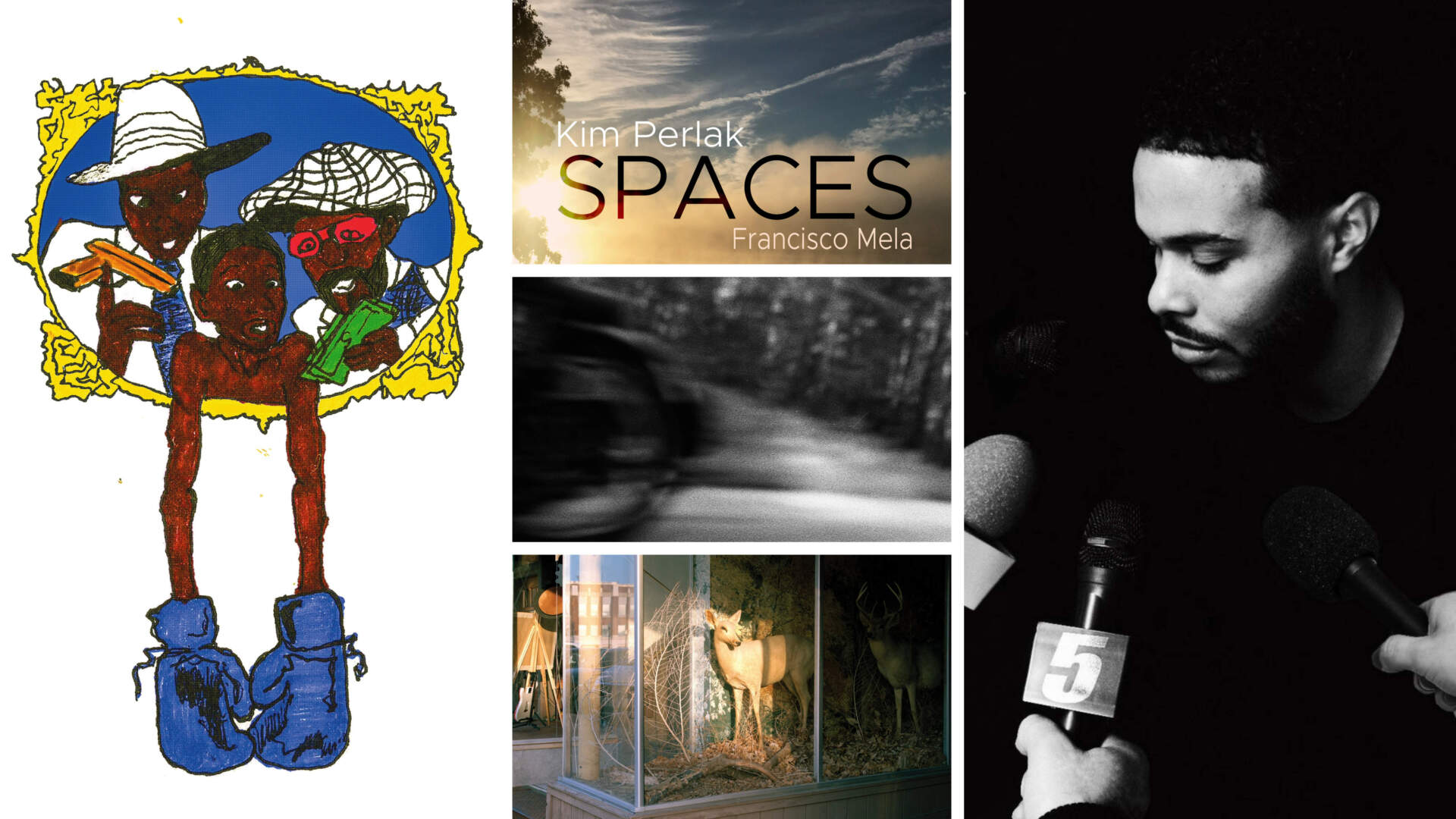 Left: Cover art for DeevoDaGenius, Kil The Artist and BLUEHILLBILL's "Bleu Magic" (Courtesy Jackson Hallaws and Chop The Head). Center from top: Album art for Kim Perlak and Francisco Mela's "Spaces" (courtesy); Art for Pile's single "Born at Night" (Courtesy Mark Lapriore); and single art for Tuxis Giant's "Last Laugh" (courtesy). Right: Album art for Suriel's "Pressure" (courtesy).