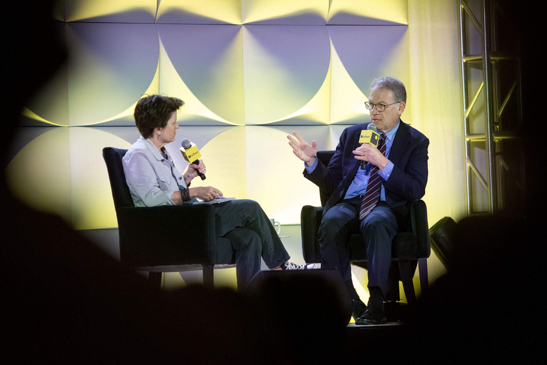 Journalist and podcaster Kara Swisher interviews The Atlantic's Jeffrey Goldberg at The WBUR Festival in Boston. (Robin Lubbock/WBUR)