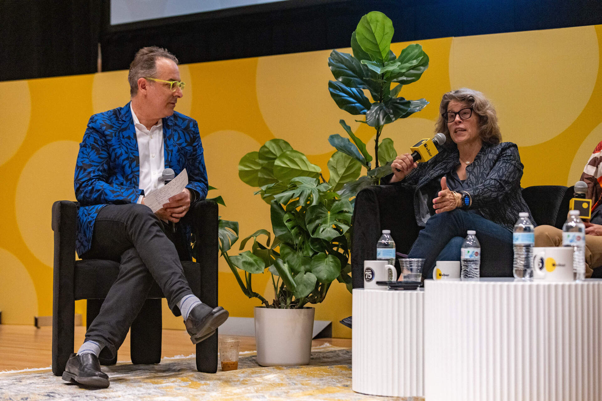 Journalist Scott Kirsner and CEO of Engine Ventures Katie Rae on stage during the &quot;Future of Innovation in Massachusetts&quot; session at The WBUR Festival. (Jesse Costa/WBUR)