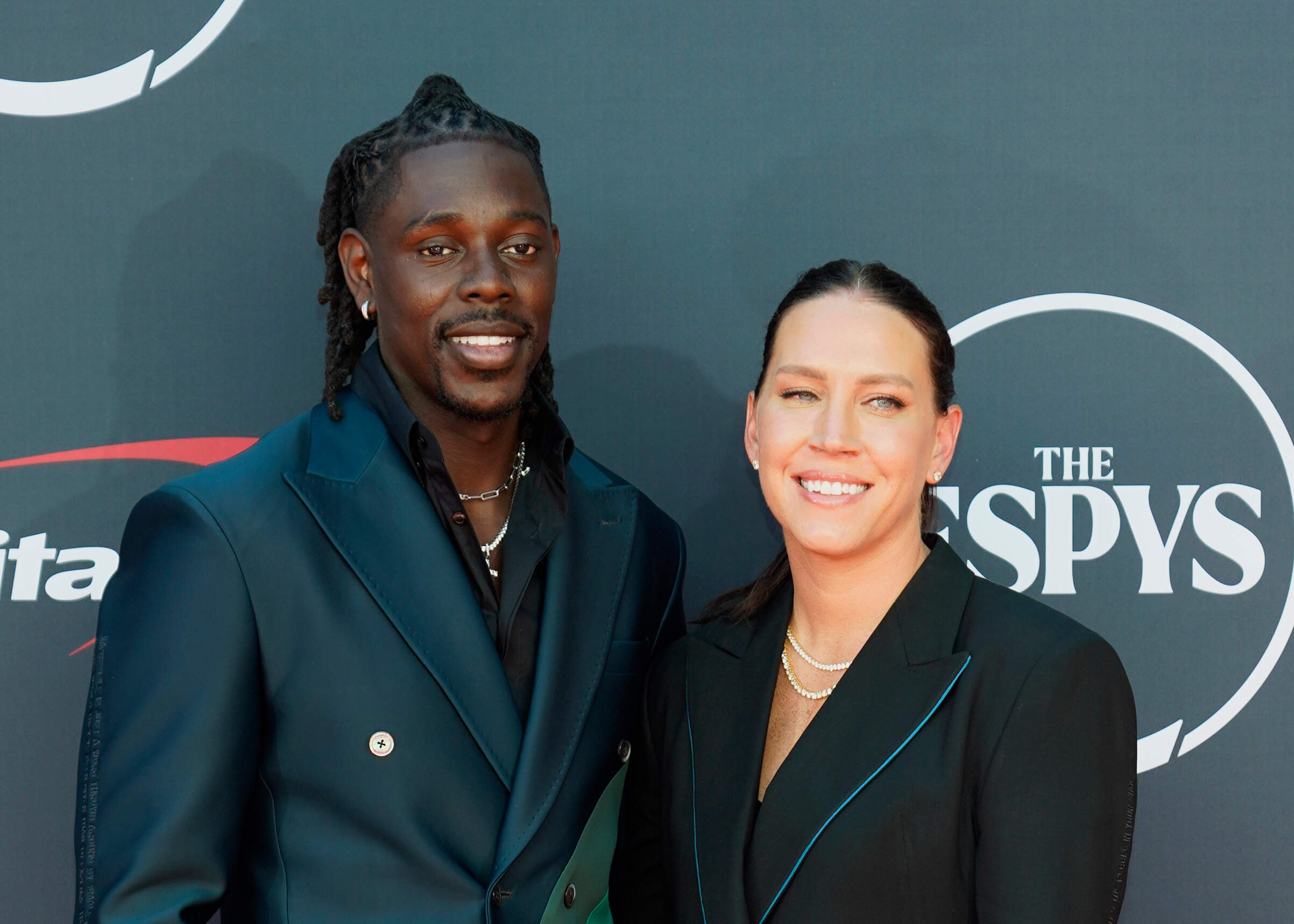 NBA basketball player Jrue Holiday and former professional soccer player Lauren Holiday arrive at the ESPY awards in 2023. (Chris Pizzello)