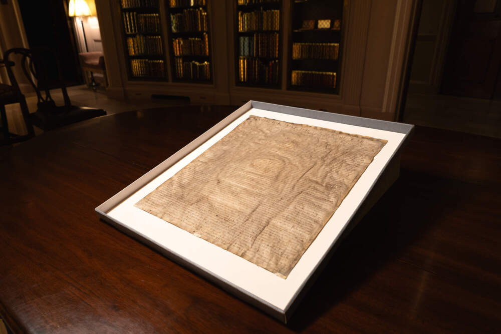 A rare copy of the Magna Carta from 1300 sits in a display case on April 15, 2025, at Harvard Law School. (Courtesy of Lorin Granger, Harvard Law School)