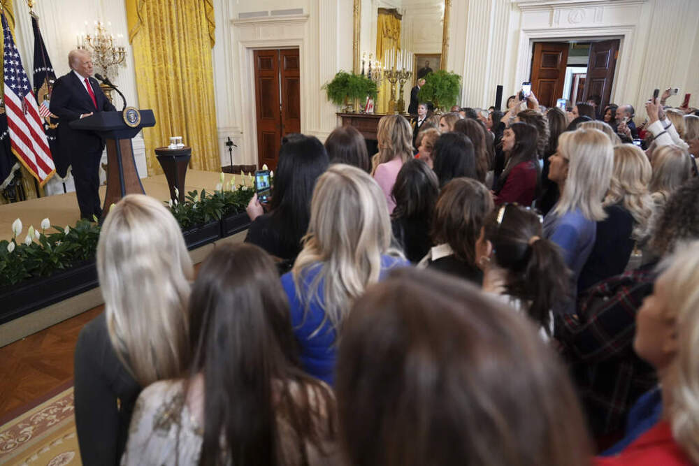 President Donald Trump speaks at a reception celebrating Women's History Month in the East Room of the White House on Wednesday, March 26. (Jacquelyn Martin/AP)