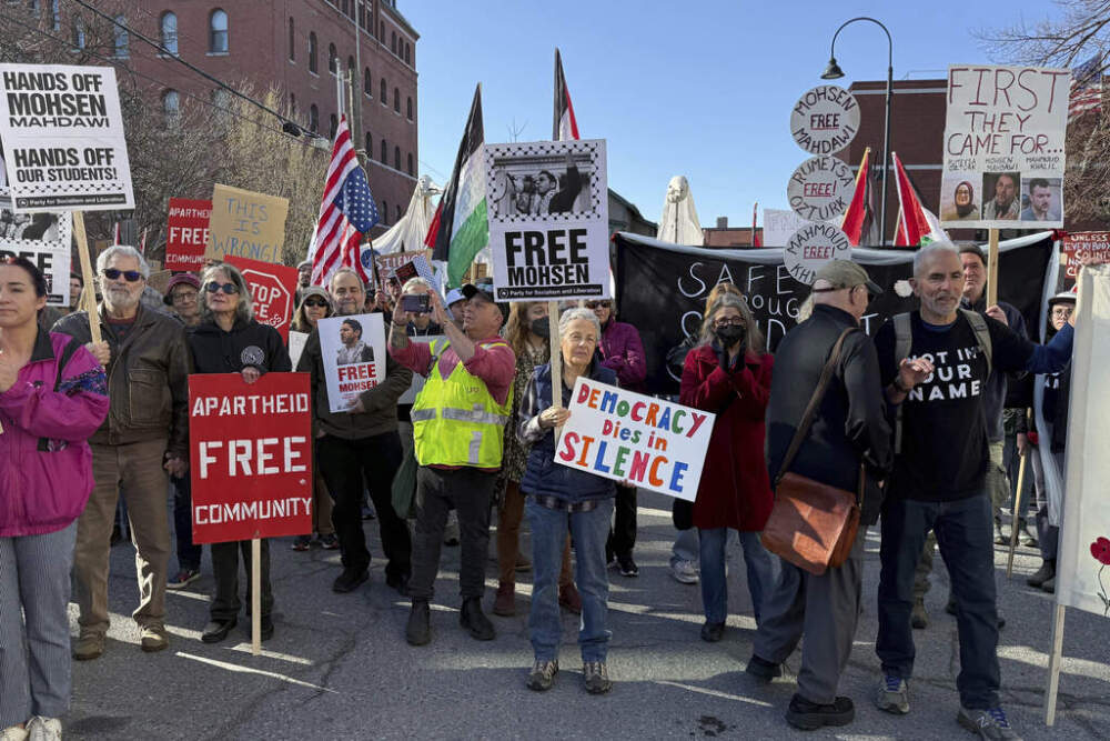 Protesters gather outside federal court ahead of a hearing for Mohsen Mahdawi, a Palestinian man arrested at a Vermont immigration office during an interview about finalizing his U.S. citizenship and a legal permanent resident who led protests against the war in Gaza at Columbia University, Wednesday, April 23, 2025 in Burlington, Vt. (Amanda Swinhart/AP)