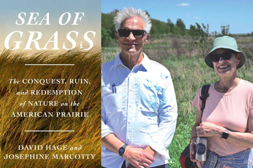 The cover of "Sea of Grass" and authors Dave Hage and Josephine Marcotty. (Courtesy of Penguin Random House and Chris Bentley/Here & Now)
