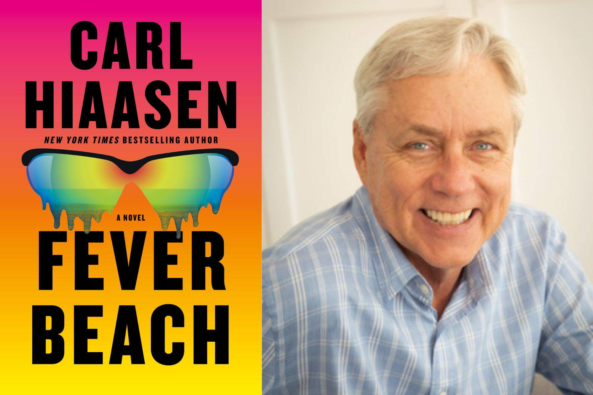 The cover of "Fever Beach" and author Carl Hiaasen. (Courtesy of Alfred A. Knopf and Elena Seibert)