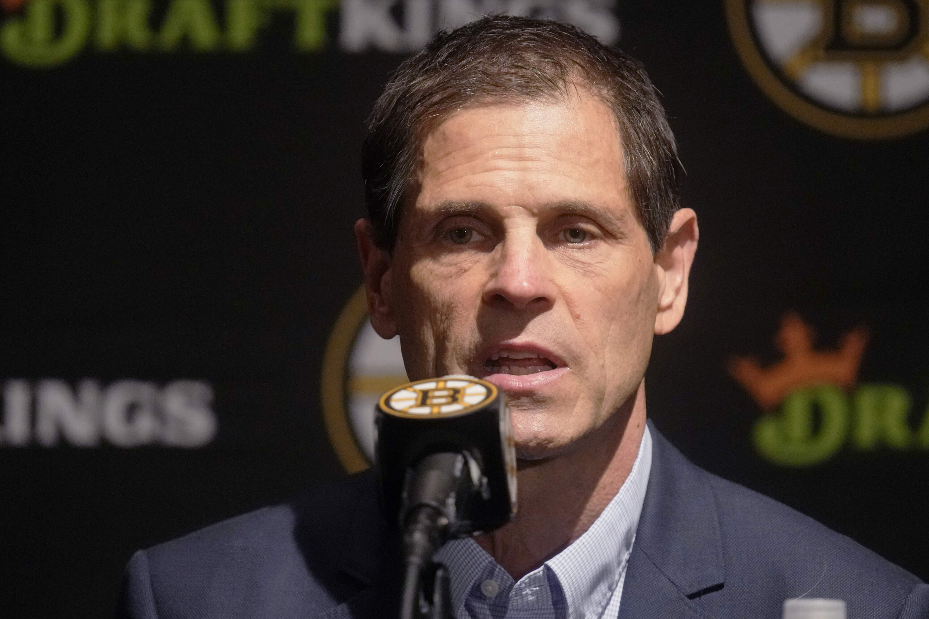 Boston Bruins general manager Don Sweeney answers a reporter's question, Monday, Sept. 30, 2024, in Boston. (Charles Krupa/AP)