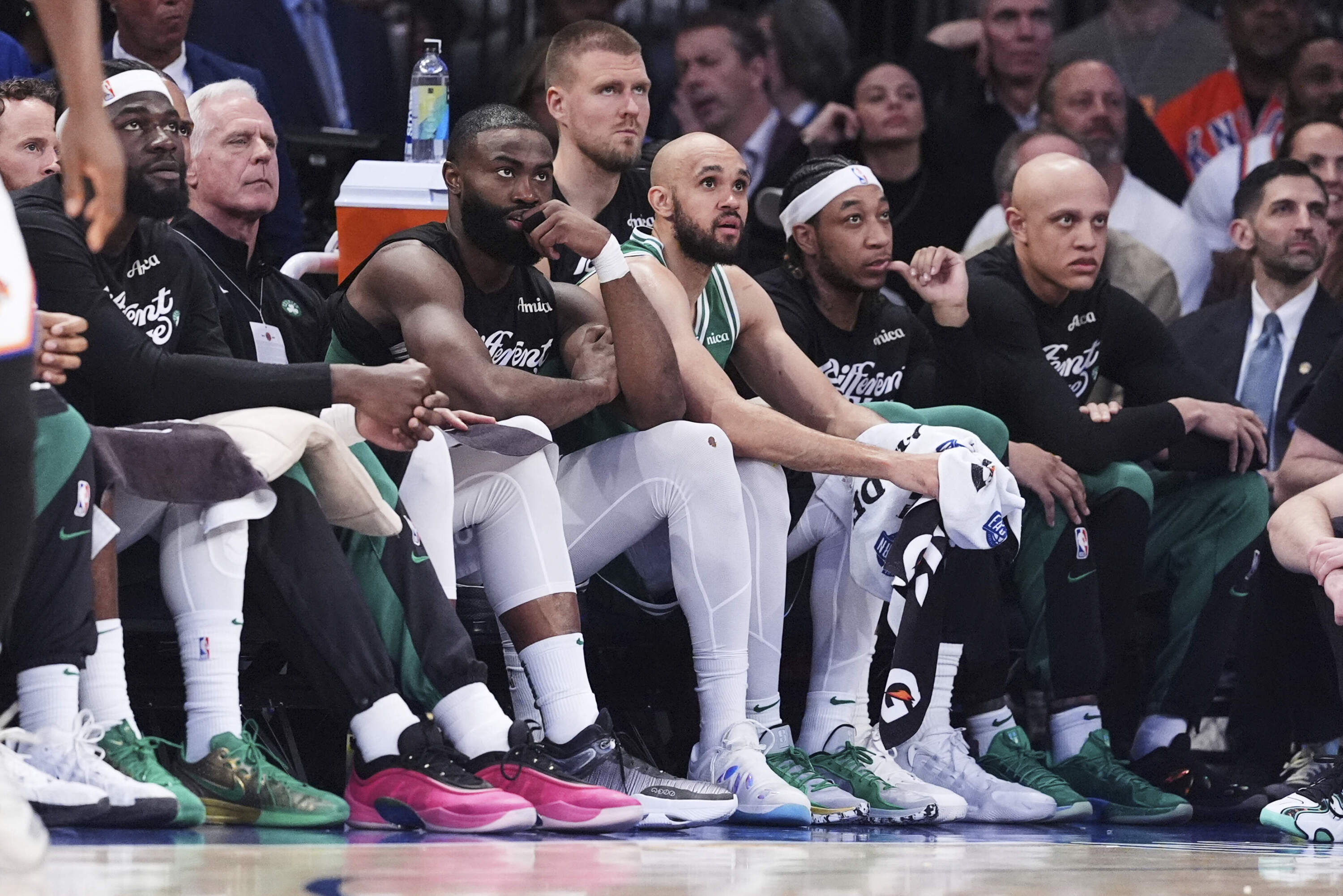 Boston Celtics' Jaylen Brown, third from left, watches with teammates during the second half of Game 6 in the Eastern Conference semifinals of the NBA basketball playoffs against the New York Knicks Friday, May 16, 2025, in New York. (Frank Franklin II/AP)