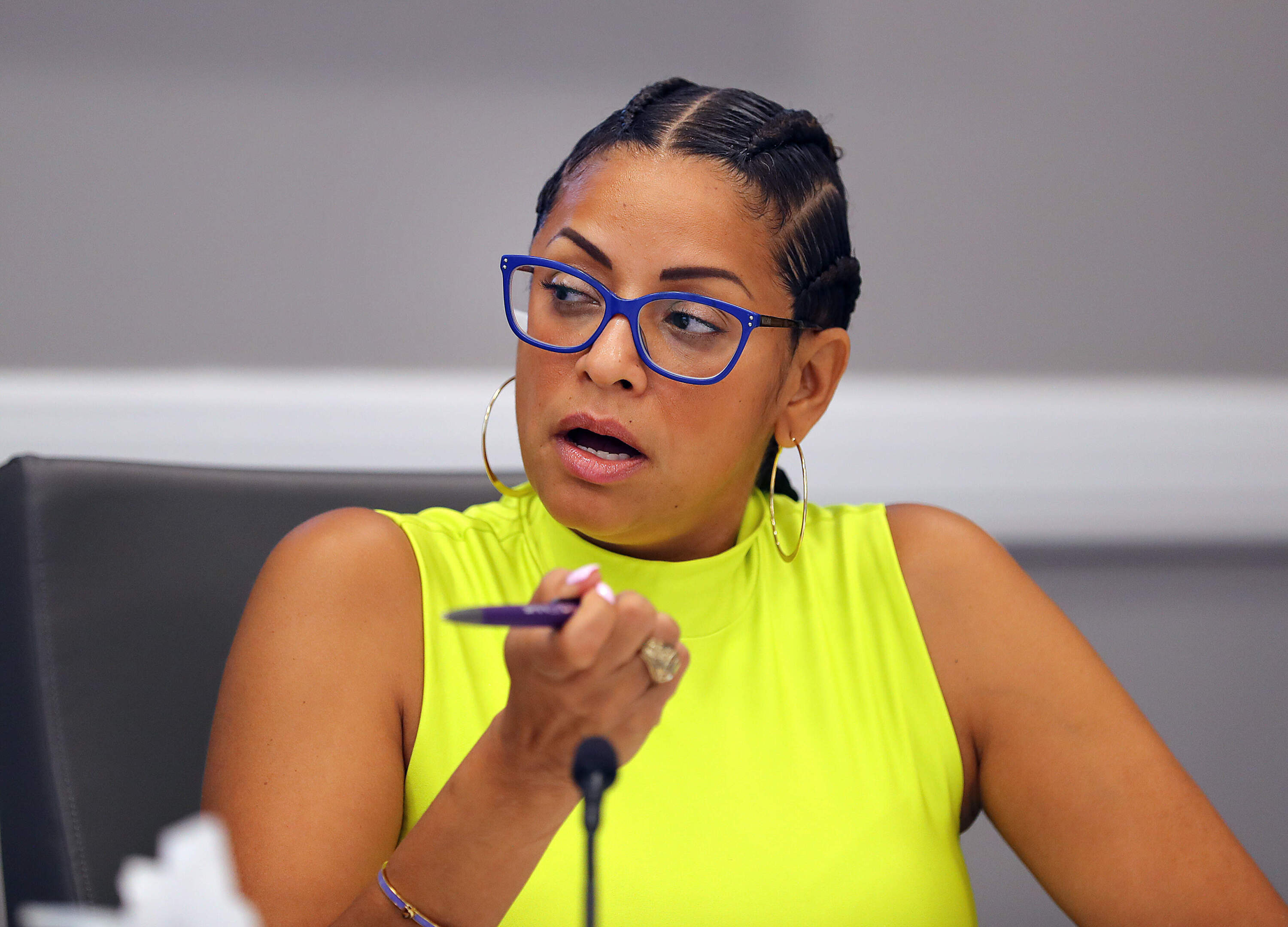 Cannabis Control Commissioner Nurys Camargo speaks at a meeting at the Worcester Union Station. (Photo by John Tlumacki/The Boston Globe via Getty Images)