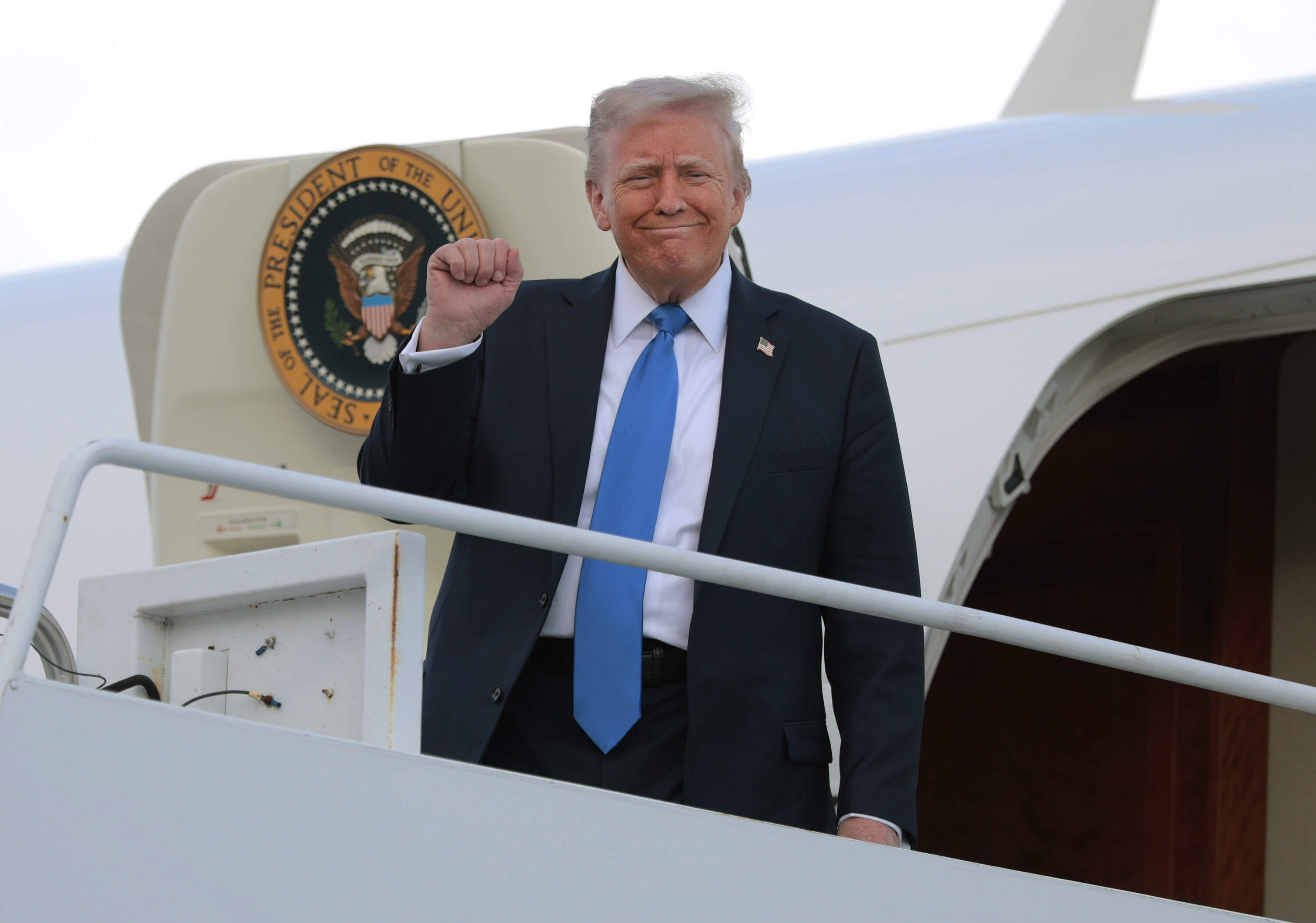 President Trump disembarks from Air Force One at Tuscaloosa National Airport on May 01, 2025 in Tuscaloosa, Alabama. Trump will be addressing graduating students at the University of Alabama. (Anna Moneymaker/Getty Images)