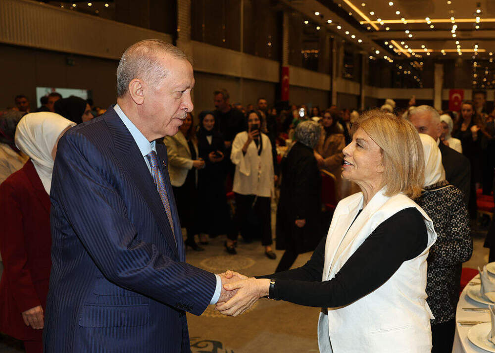 Turkish President ecep Tayyip Erdoğan greets women participating in the "Strong Families with Mothers, Strong Turkiye with Families" event at Pullman Istanbul Hotel in Istanbul, Turkey on May 10. (Photo by Turkish Presidency/Murat Kula/Handout/Anadolu via Getty Images)