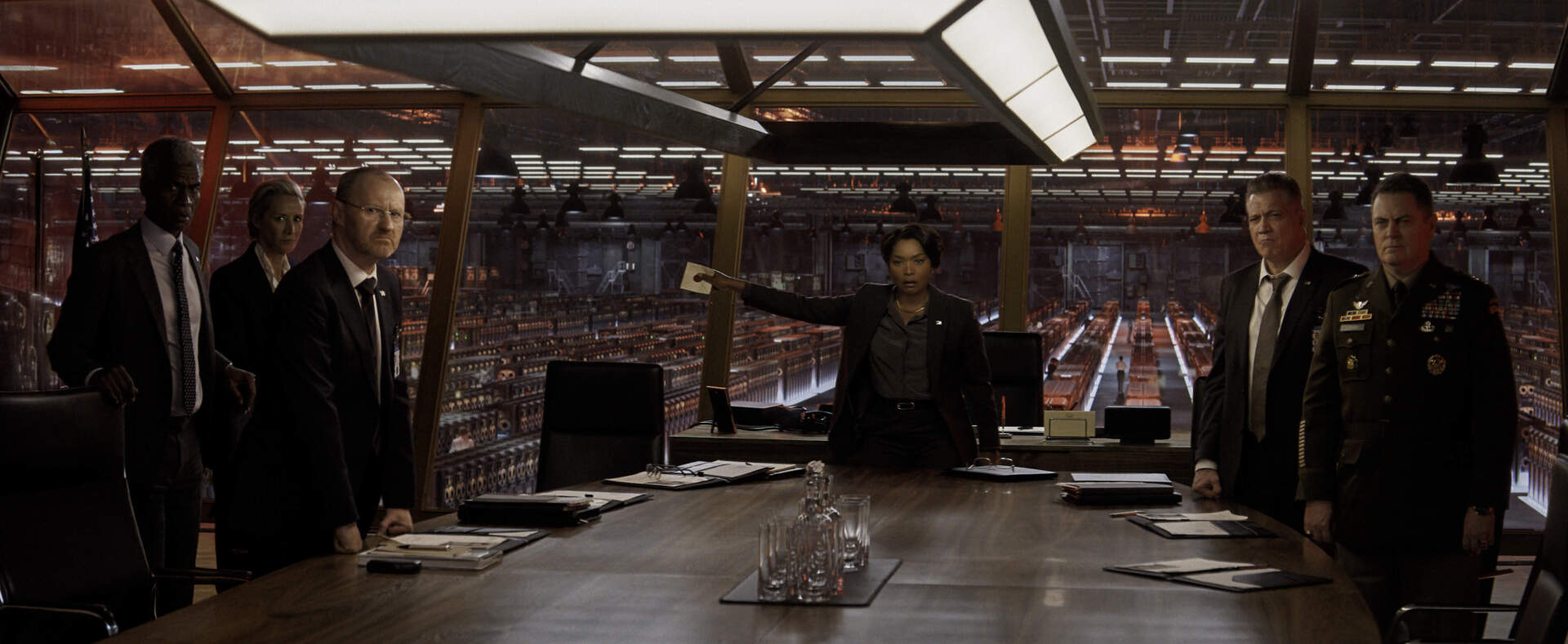 From left: Charles Parnell, Mark Gatiss, Janet McTeer, Angela Bassett, Holt McCallany and Nick Offerman in "Mission: Impossible - The Final Reckoning." (Courtesy Paramount Pictures and Skydance)