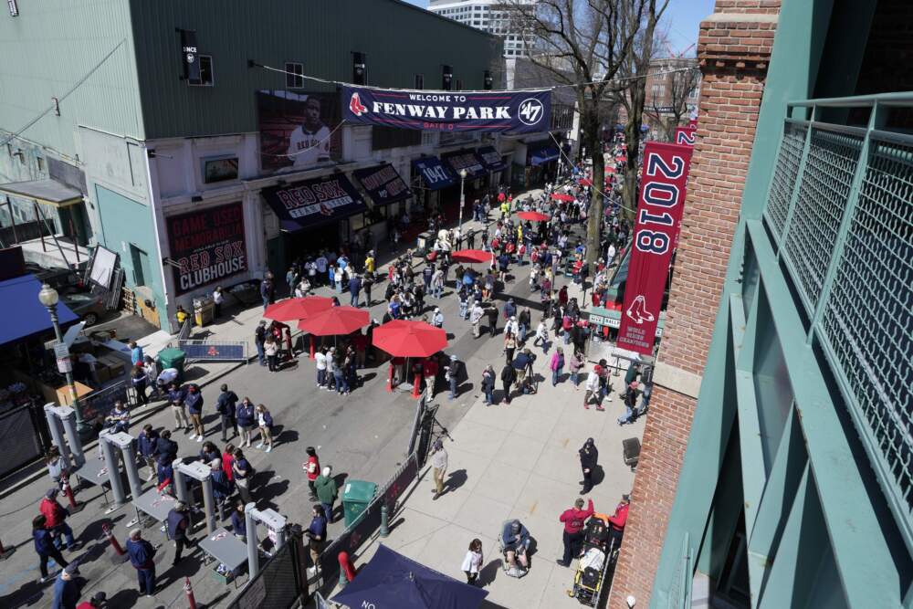 Fans gather outside Fenway Park before Opening Day in 2024. (Michael Dwyer/AP)