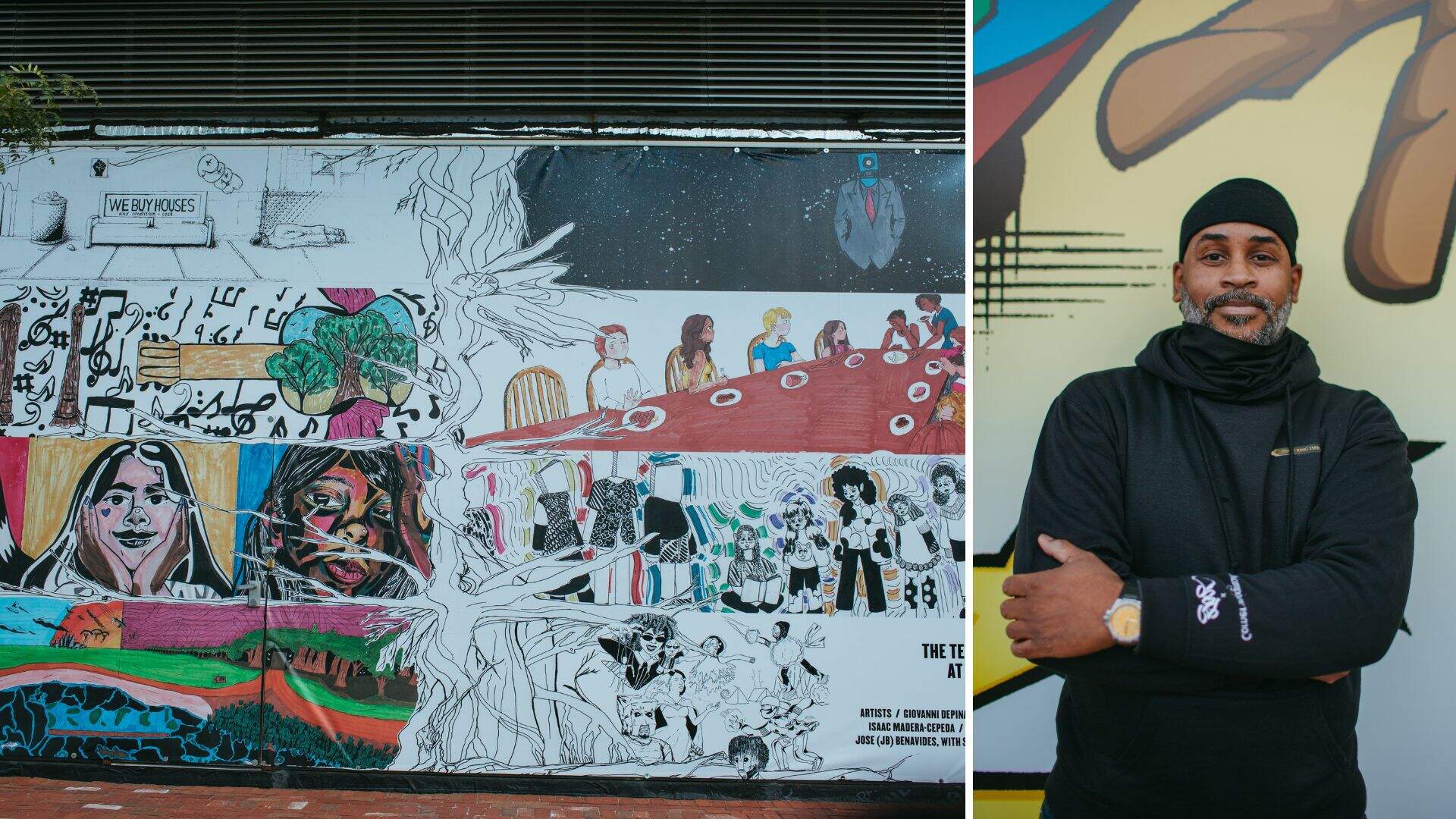 On the left is the mural created by teenagers who were a part of the 2021 Teen Bridge program at the Eliot School of Fine & Applied Arts. On the right is Rob Stull, who organized and led the mural project (Courtesy of the Eliot School of Fine & Applied Arts)