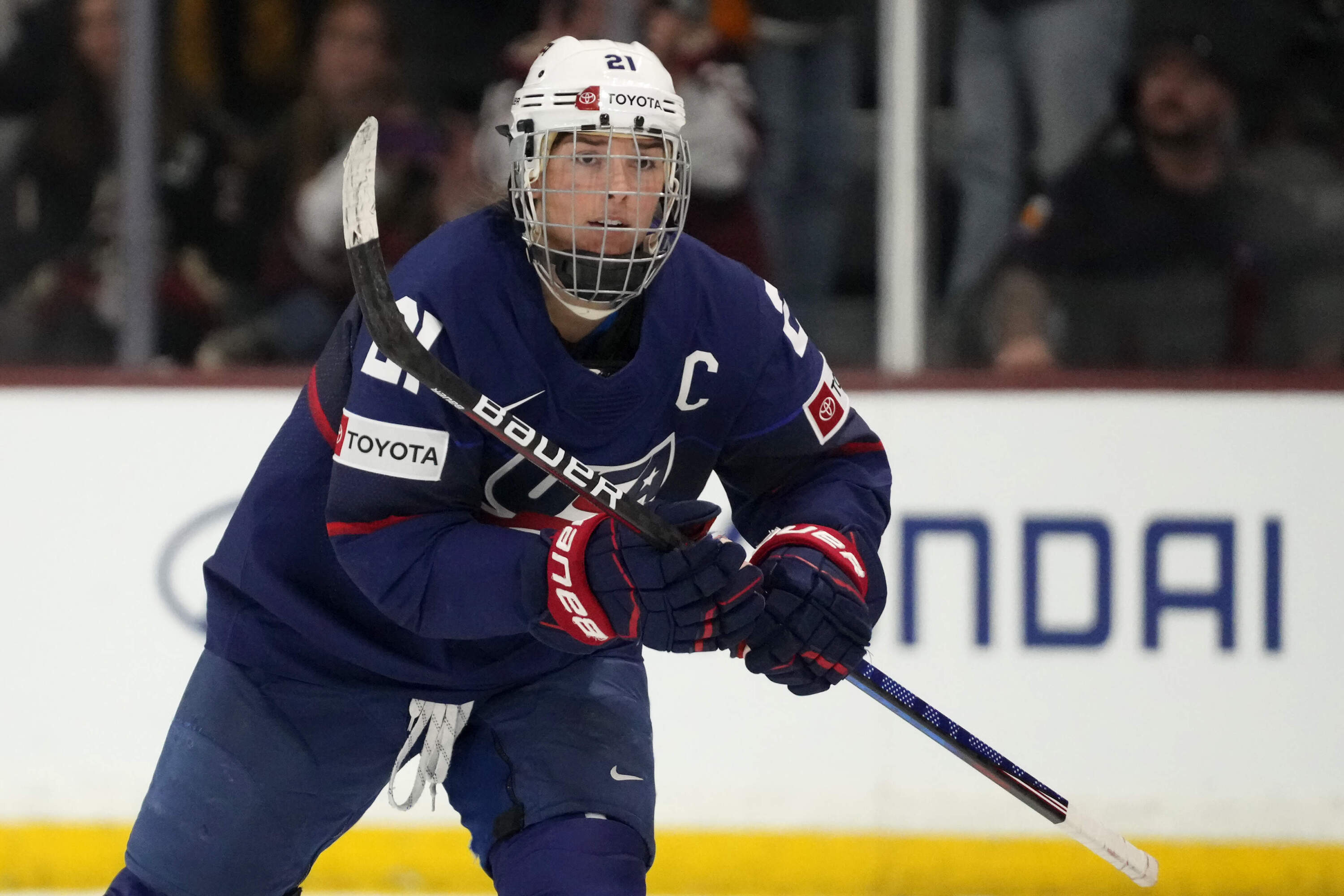 United States forward Hilary Knight skates to the bench to celebrate her goal against Canada during the first period of a rivalry series women's hockey game, Nov. 8, 2023, in Tempe, Ariz. (Ross D. Franklin/AP)