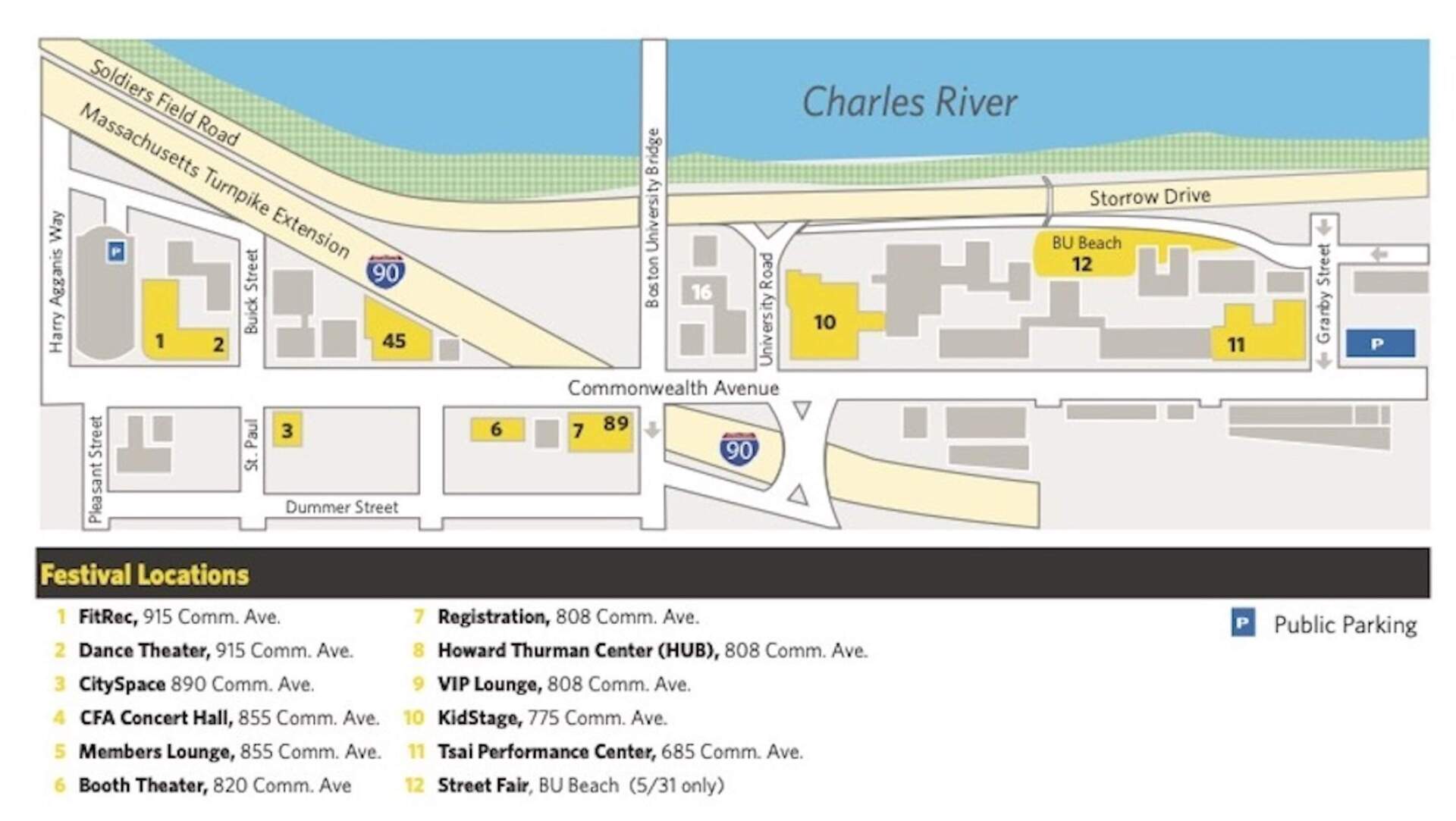 A map of WBUR Festival stage locations along Commonwealth Avenue.