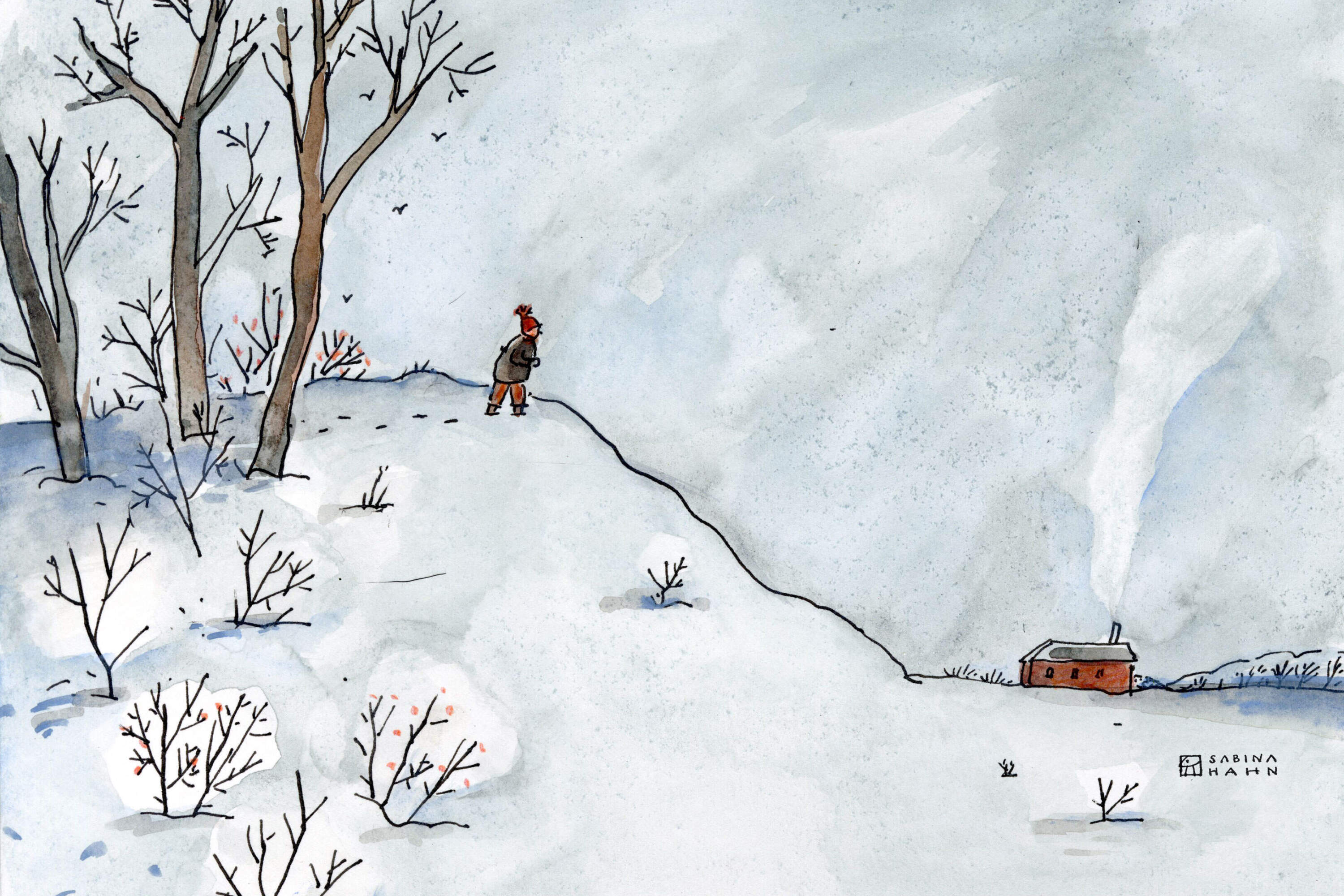 A person on a snowy hill. (Sabina Hahn for WBUR)