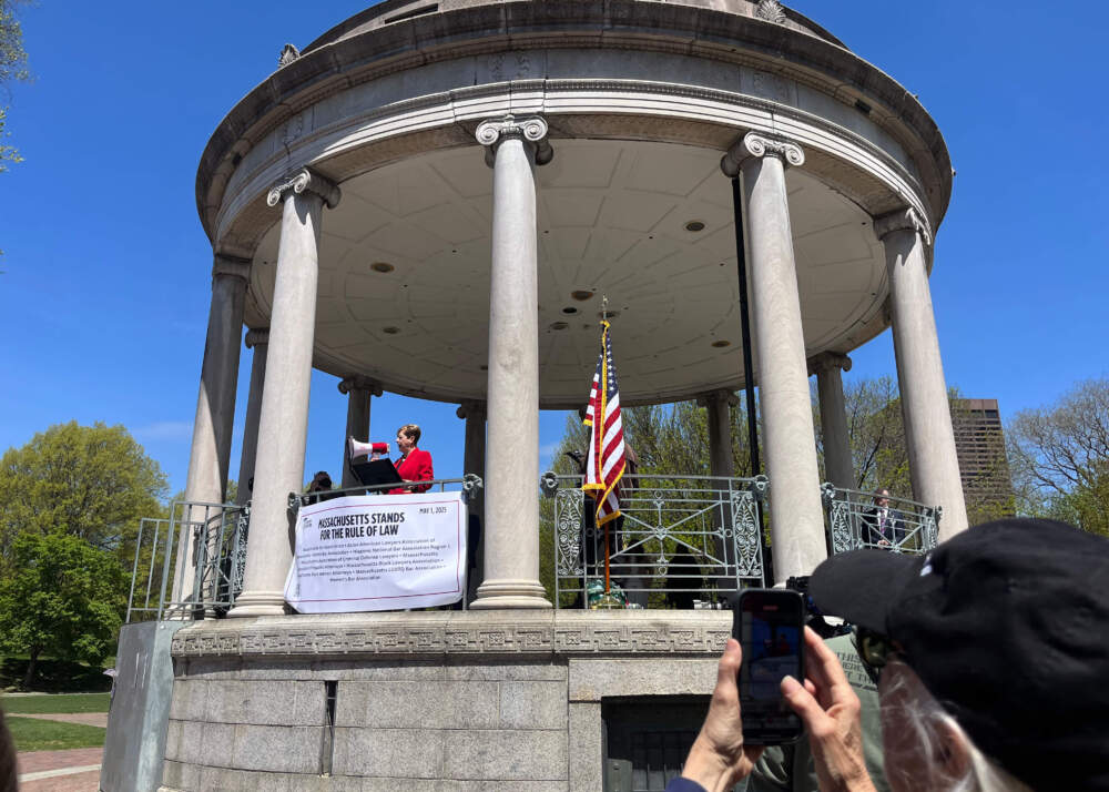 Former Supreme Judicial Court Clerk for Suffolk County Maura Doyle speaks to a crowd at the National Law Day of Action protest. (Chloe Jad/WBUR)
