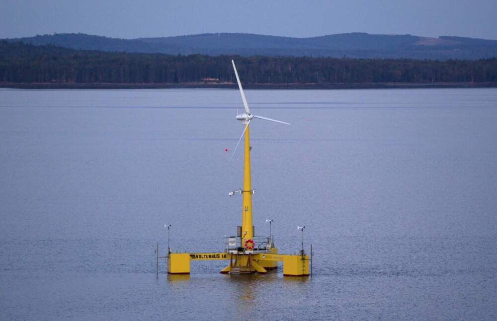 In this Friday, Sept. 20, 2013 photo, the University of Maine's 9,000-pound prototype wind turbine generates power off the coast of Castine, Maine. It was the country's first floating wind turbine. (Robert F. Bukaty/AP)