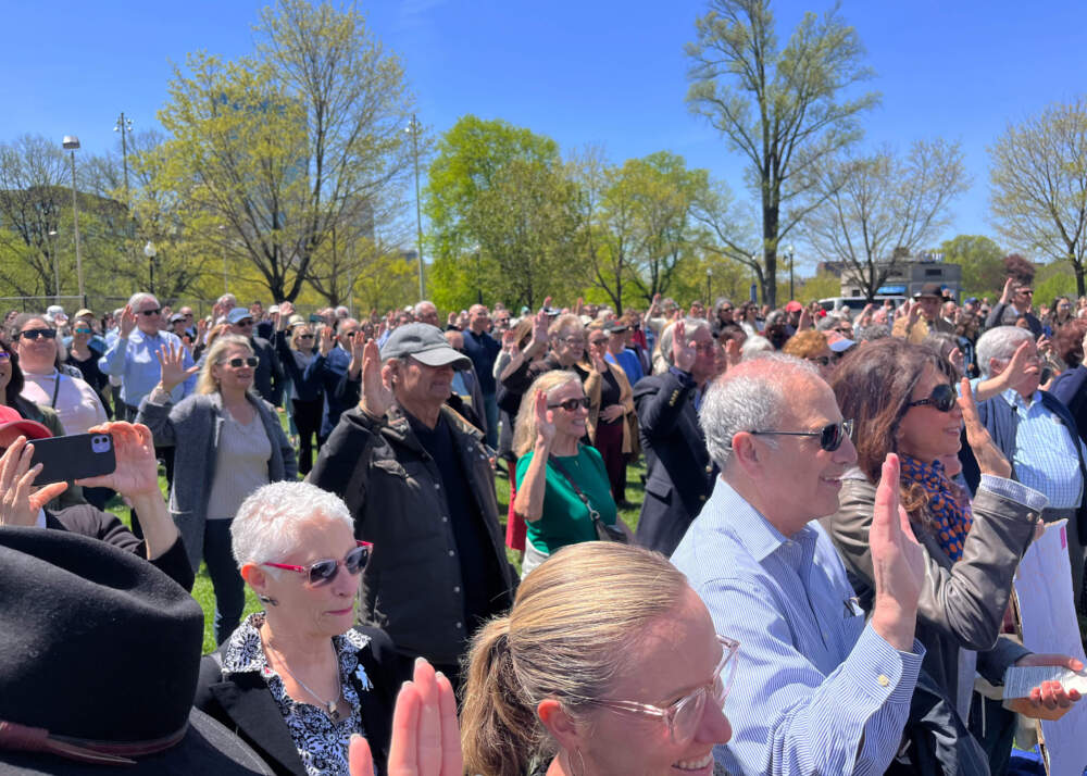 A crowd of lawyers symbolically renew their lawyer's oath of office at a protest on Boston Common. (Chloe Jad/WBUR)