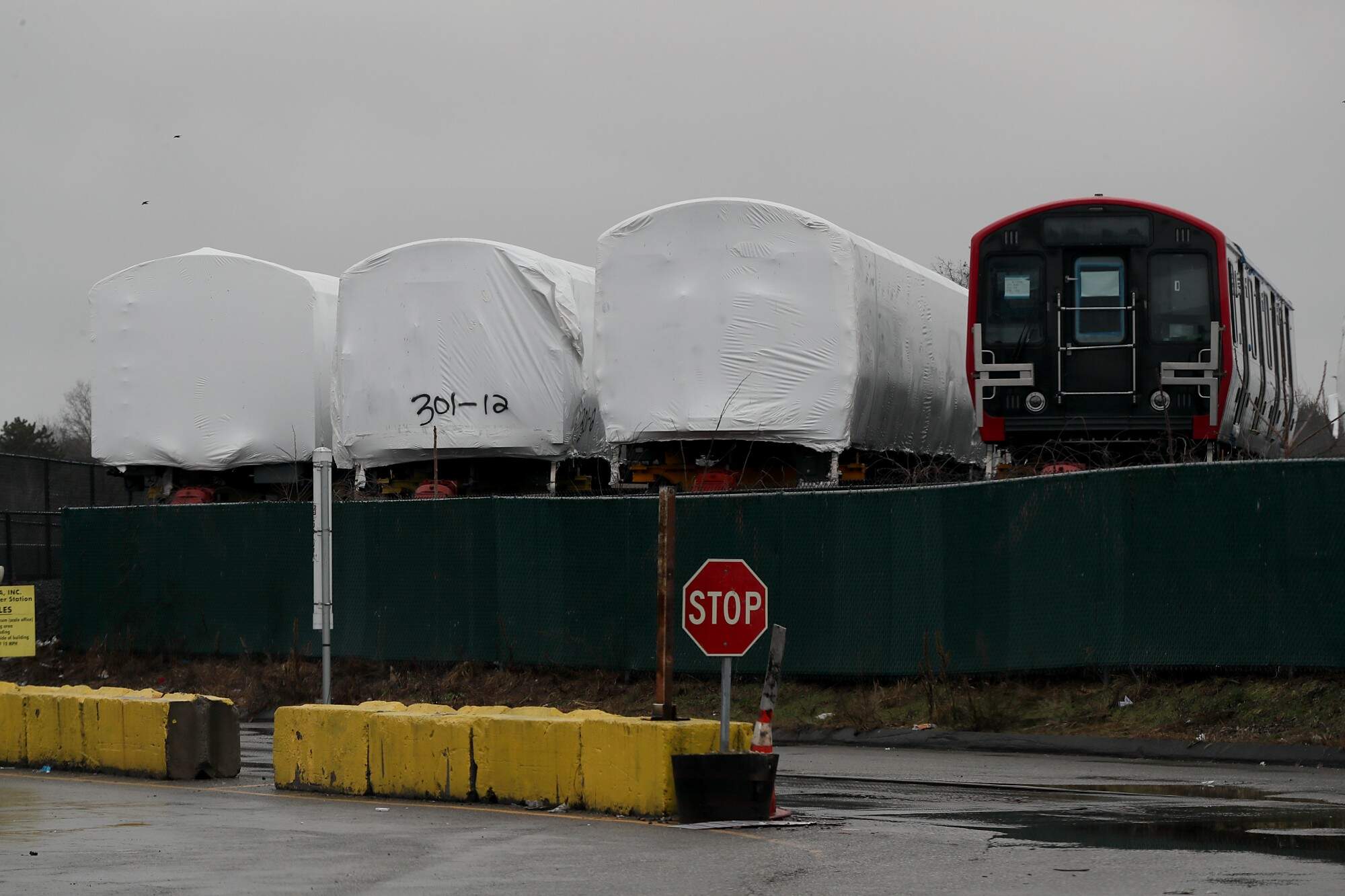 Trains covered at the CRRC factory in Springfield. (Suzanne Kreiter/The Boston Globe via Getty Images)