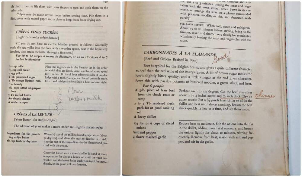 Pages of "Mastering the Art of French Cooking" with handwritten notes from the author's mother. (Courtesy Ethan Gilsdorf)