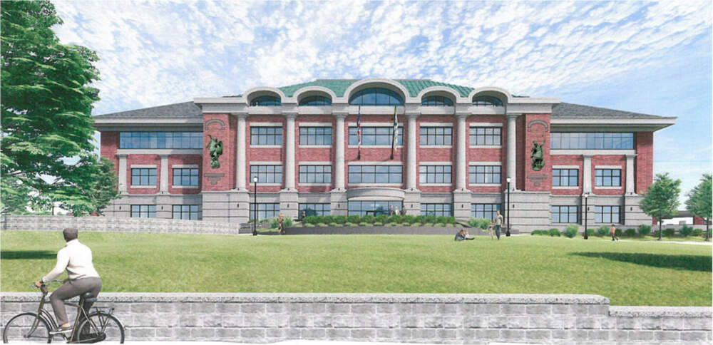 An artist's rendering of Quincy's new public safety building, showing the 10-foot tall statues of statues of Saint Michael and Saint Florian (Source: Norfolk County Superior Court)