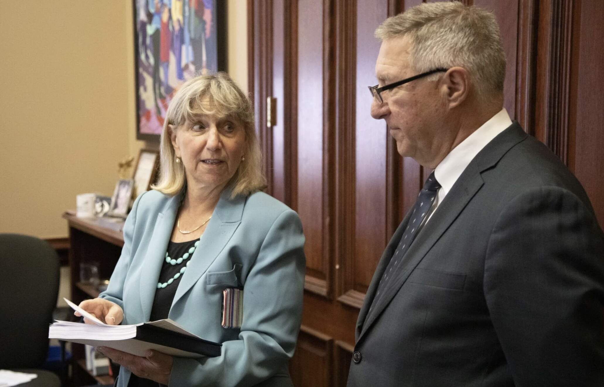 Senate President Karen Spilka (left) and Senate Ways and Means Committee Chair Michael Rodrigues (right) detail their fiscal year 2026 budget proposal on May 6, 2025. (Chris Lisinski/SHNS)