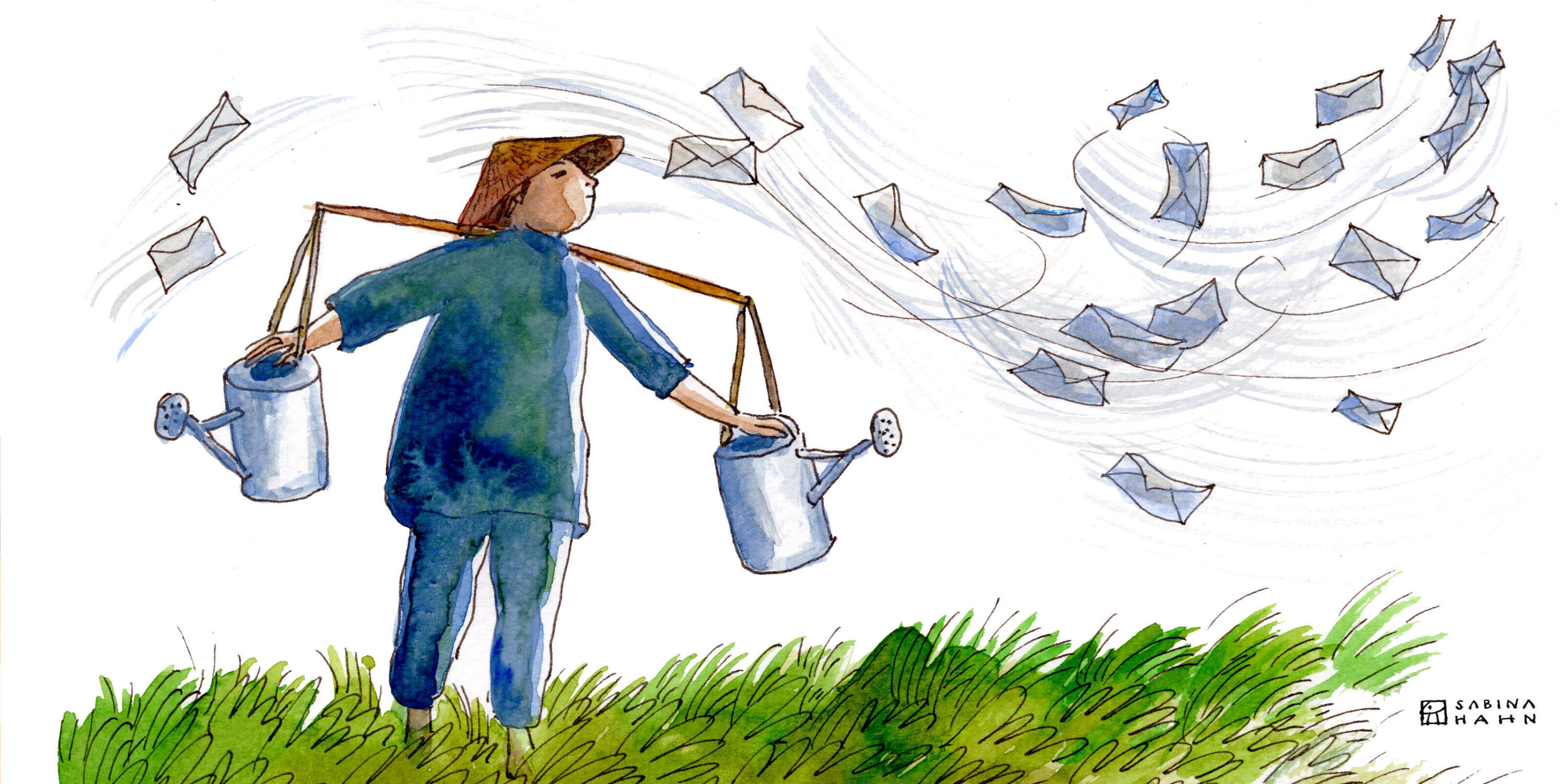 A person with watering cans. (Sabina Hahn for WBUR)